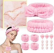 Crosize Headbands and Wristbands Set for Washing Face, Spa, Skincare, Gift for Women and Girls, with Powder Puffs, Pink
