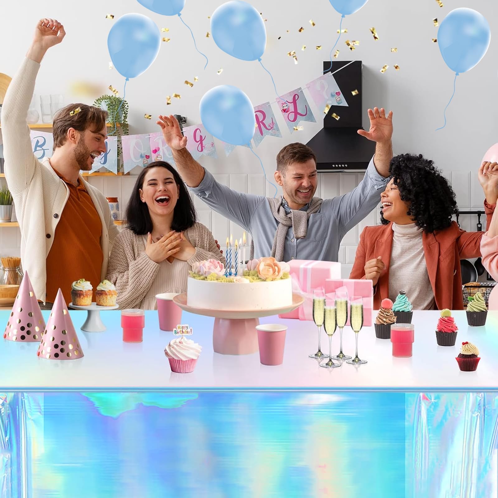 OQOQ Iridescent Table Cloths (4 Packs?Blue) - 54x108 Inches Blue Party Tablecloth Rectangular Disposable Plastic Table Cover for Birthday Bachelorette Ocean Mermaid Party