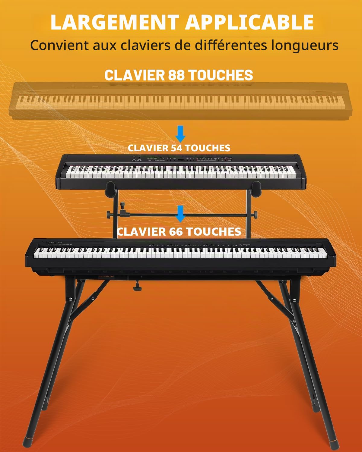STRICH Support de clavier de piano double avec 2ème niveau – Réglable et pliable à 2 niveaux – Support de musique robuste pour synthétiseurs et claviers numériques électriques – Convient aux pianos de