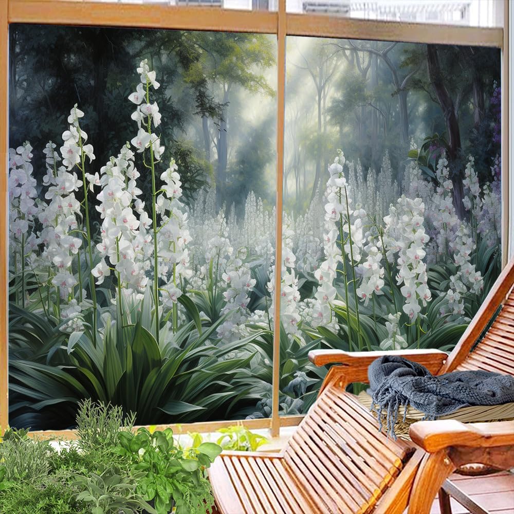 Sunshine Forest witrażowa folia okienna, biała, kwiatowa folia maskująca do szklanych drzwi i okien, nieprzylepna, dekoracyjna, 90 x 140 cm (2 sztuki)