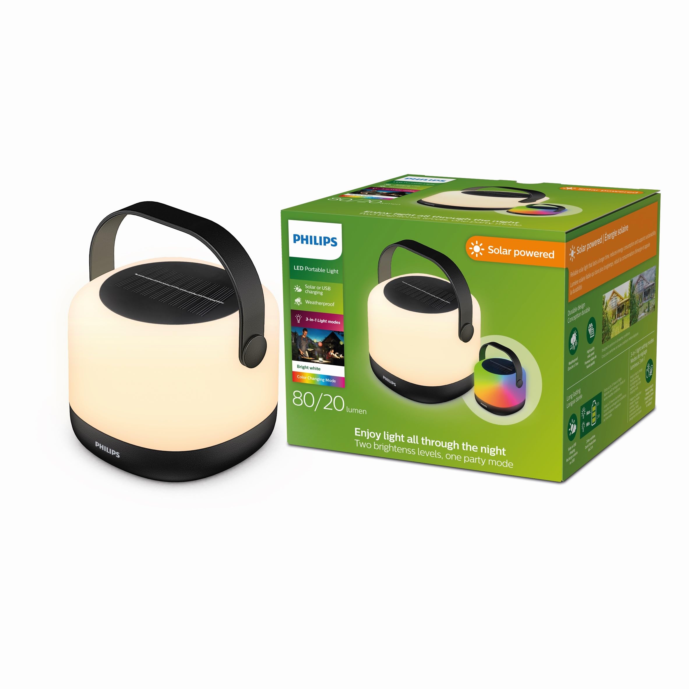 PHILIPS Lighting- Alula, Lampara Solar portátil, 3000K y cambio de color RGB, cable de carga USB, IP44, blanco y negro