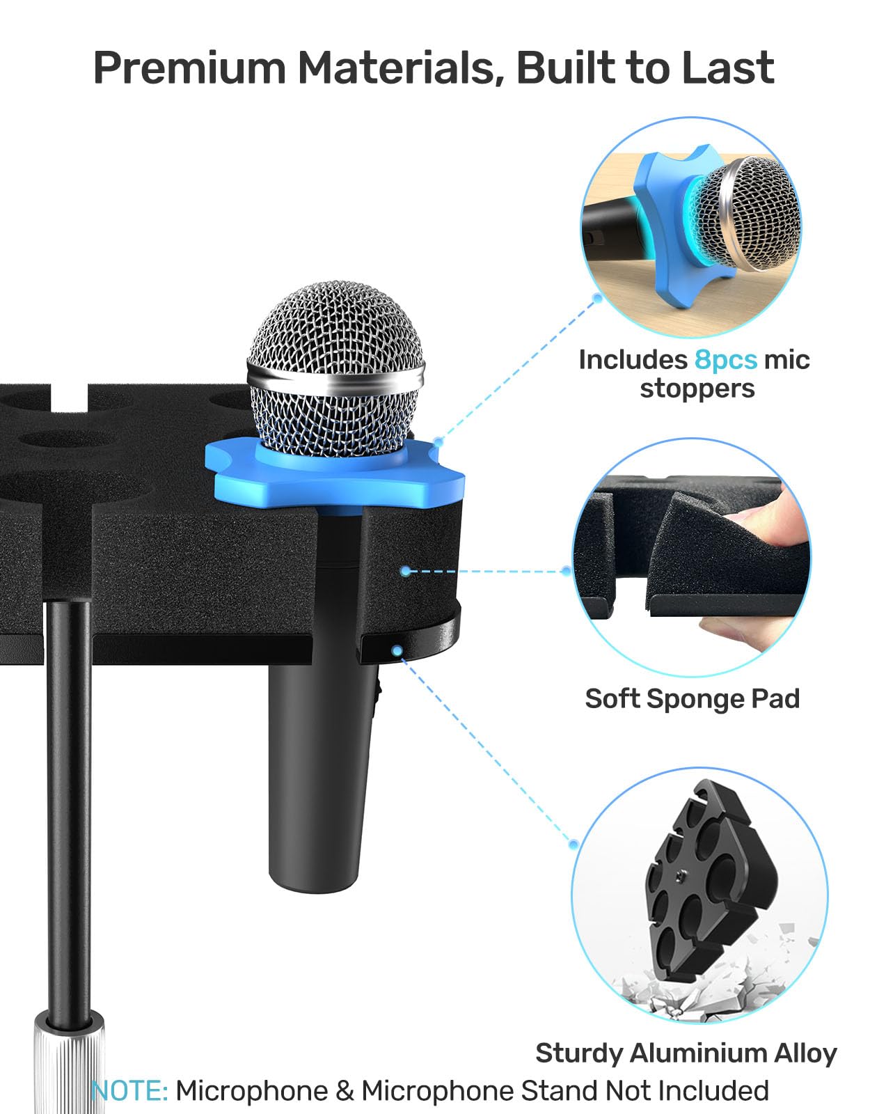 Etour Multi Microphone Holder for Mic Stand Square Tray Microphone Storage Organizer for Handheld Dynamic Wired and Wireless Mics Rubber Padding Mounted to 5/8"-27 or 3/8"-16 Threaded - Image 3