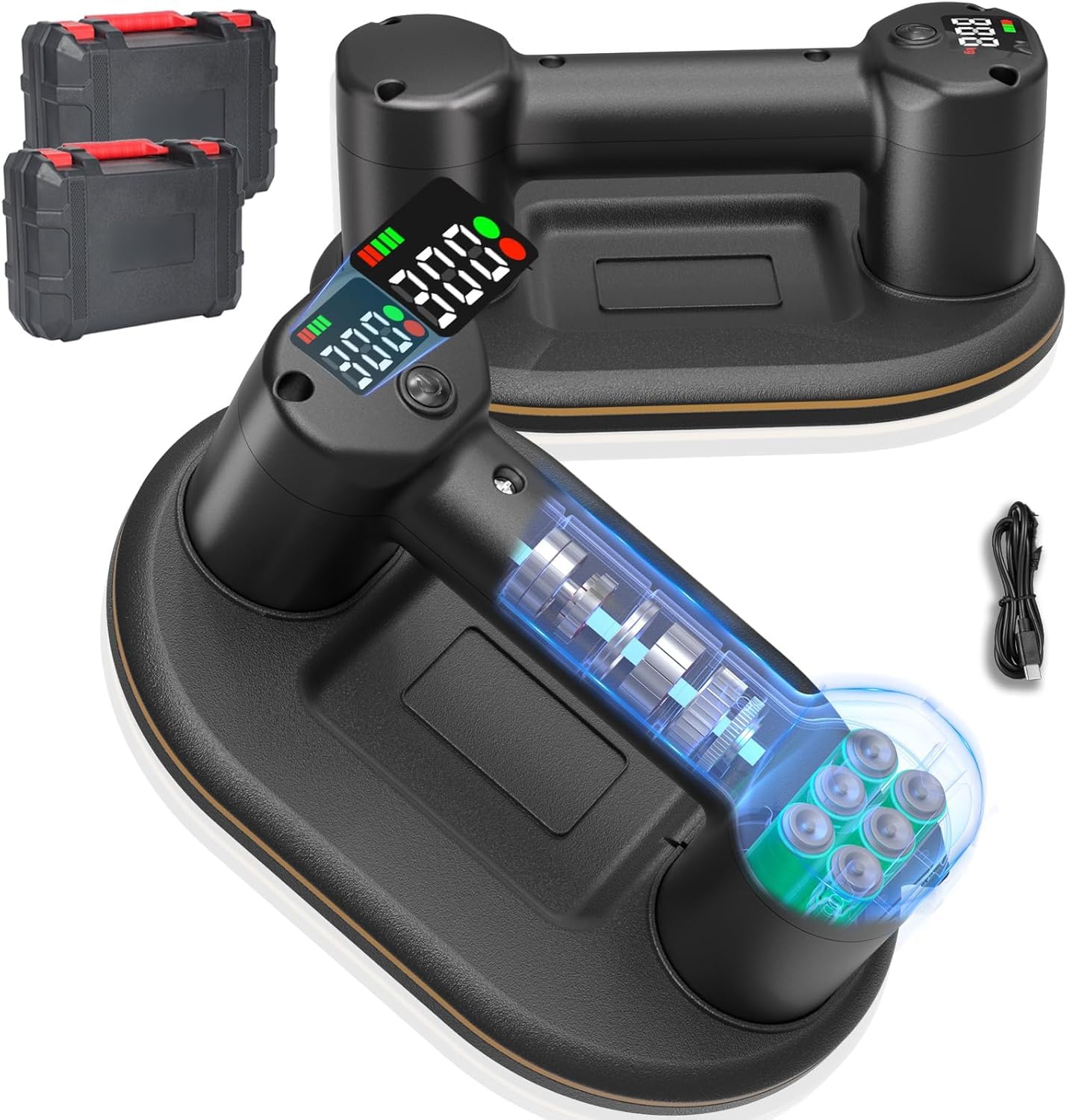2 Stück Akku Saugheber, 300kg Saugkraft Saugheber Fliesen Akku mit Doppelmotor, LCD-Display, 4000 mAh integrierter Lithium-Ionen-Akku, Durchmesser 24 cm, Saugheber Akku für Fliesen, Glas, Marmor