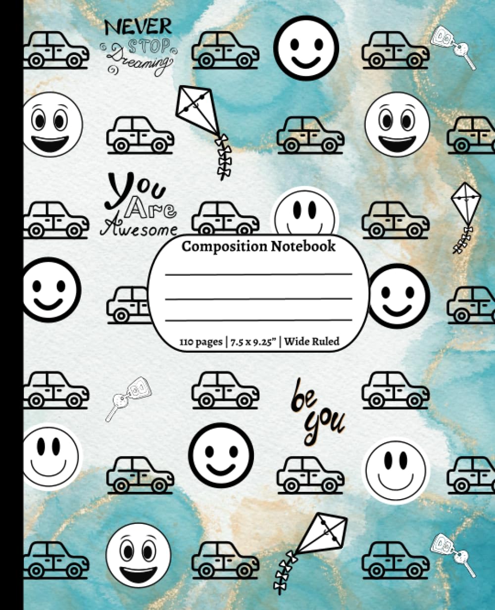 Smiley Face and Cars Aesthetic on Blue Marble Background: Composition Notebook Wide Ruled for Boys and Teen Boys - 7.5 x 9.25" 110 Pages.