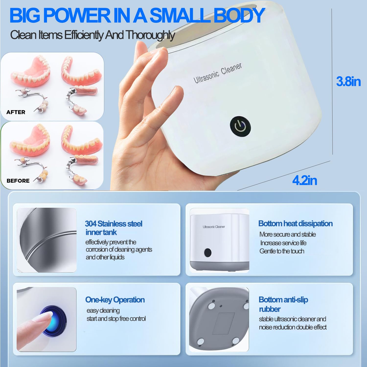 Nettoyeur à ultrasons pour prothèses dentaires, 43000Hz Nettoyeurs ultrasoniques 2 modes de temps 360° nettoyage en profondeur protège-dents, aligneur, têtes de brosse à dents (white)