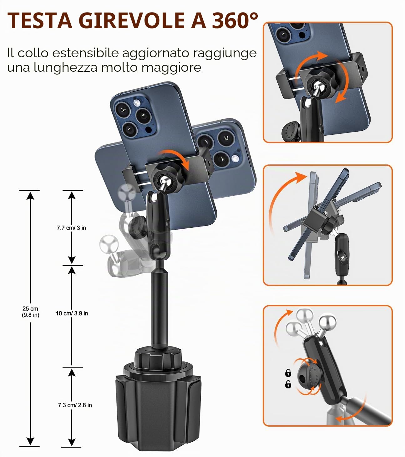 Metallo Supporto Telefono Auto Portabicchieri - Stabile Durevole Robusto | Porta Cellulare Porta Bicchieri Macchina con Braccio Alluminio per tutti i Telefoni, iPhone 17 16 Pro Max, Galaxy S26, Pixel
