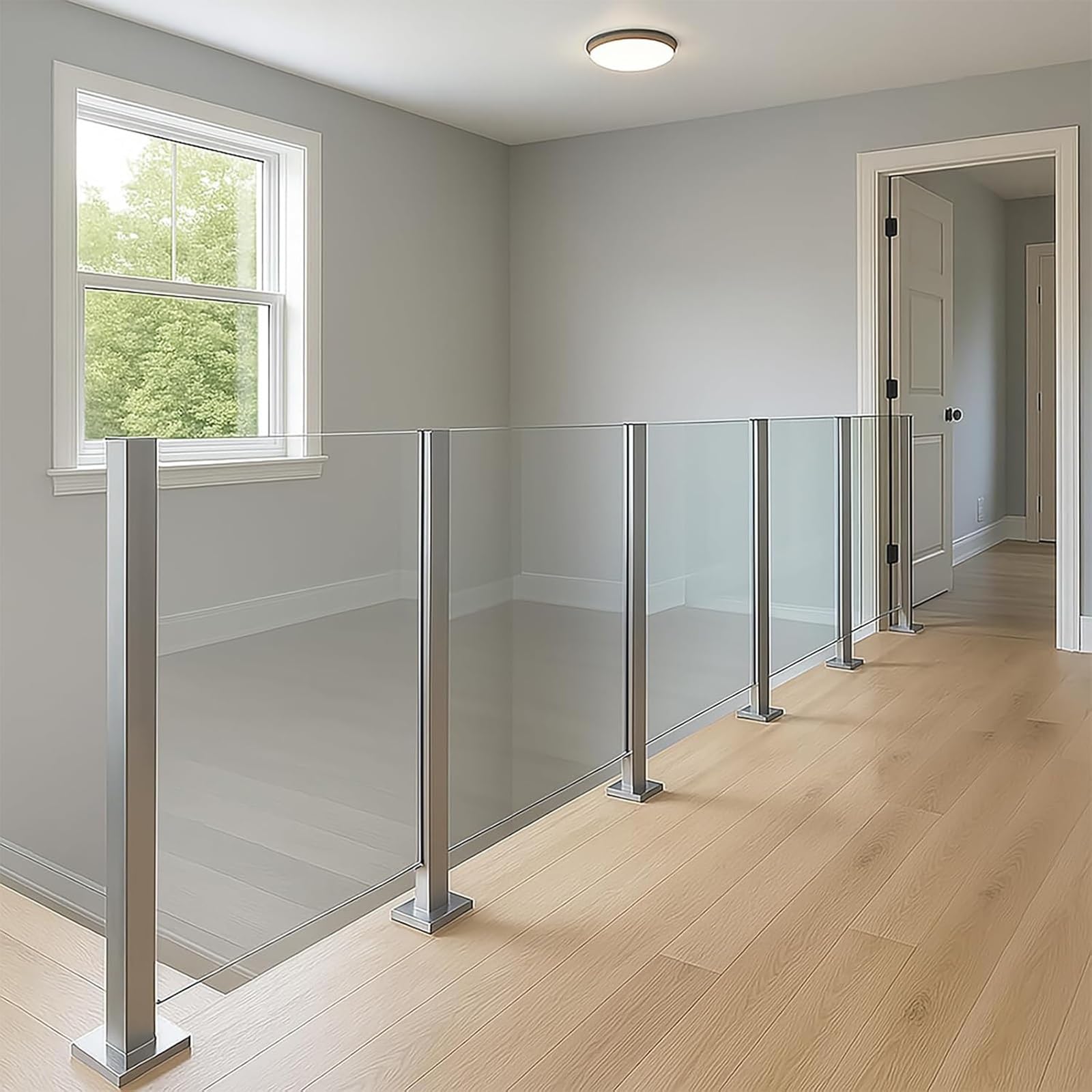 Geländersystem für Balkon und Treppe, Edelstahl, Glas, 100,1 cm, einfache Installation, Poolzaun mit Schlitzen, Basis, silberfarbener Mittelpfosten für Sicherheit und Stil