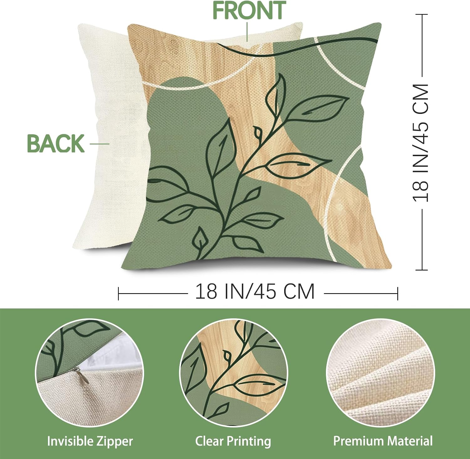 Green Leaves Decorative Throw Pillow Covers 18 x 18 Set of 4 image 2