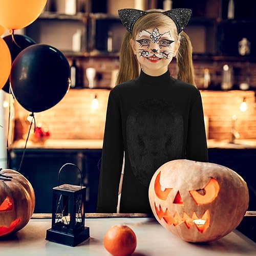 Miniatura 6 de Disfraz de gato de Halloween para niñas y niños de 7 a 12 años, disfraz de gato negro para niños con guantes, diadema, cola de gato, calcomanías