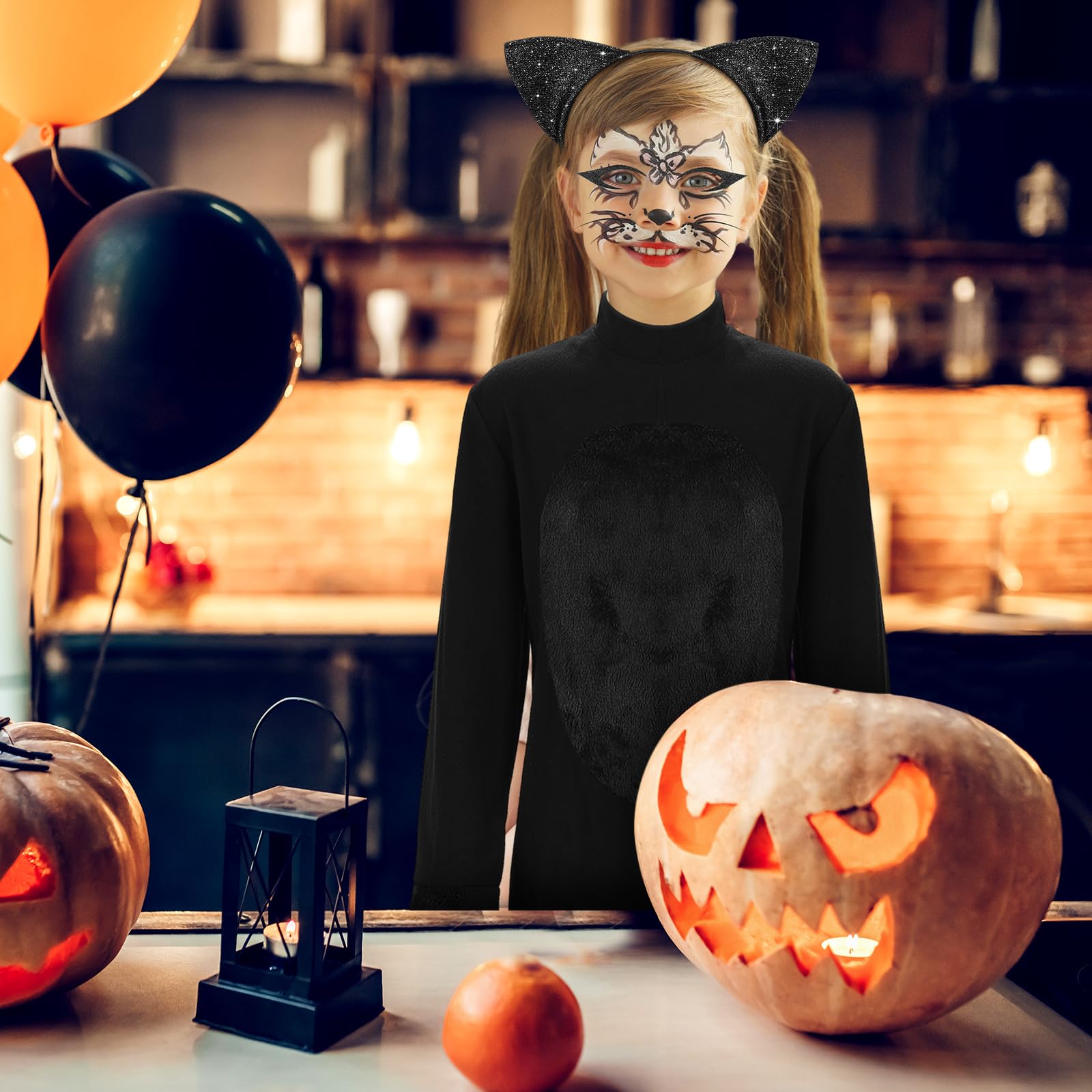 Ramede Halloween Cat Costume for 6-16 Years Girls and Boys Black Cat Kids Costume with Gloves Headband Cat Tail Face Stickers(Size 130)
