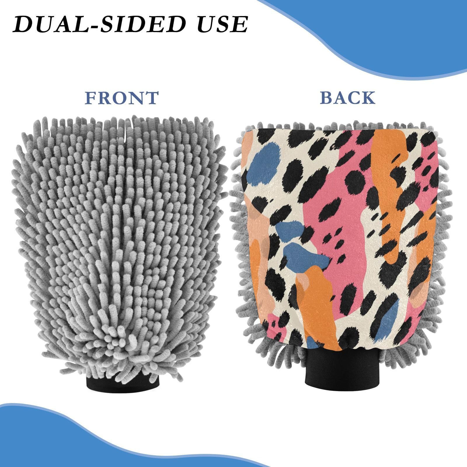 IOACIY Absorbent Microfiber Car Wash Drying Mitts, 2 Pack, Scratch-Free & Lint-Free, Rich Foam, Highly Absorbent, Double Sided, Wash Mitt Perfect for Car Washing, M, Cute Cheetah (3)