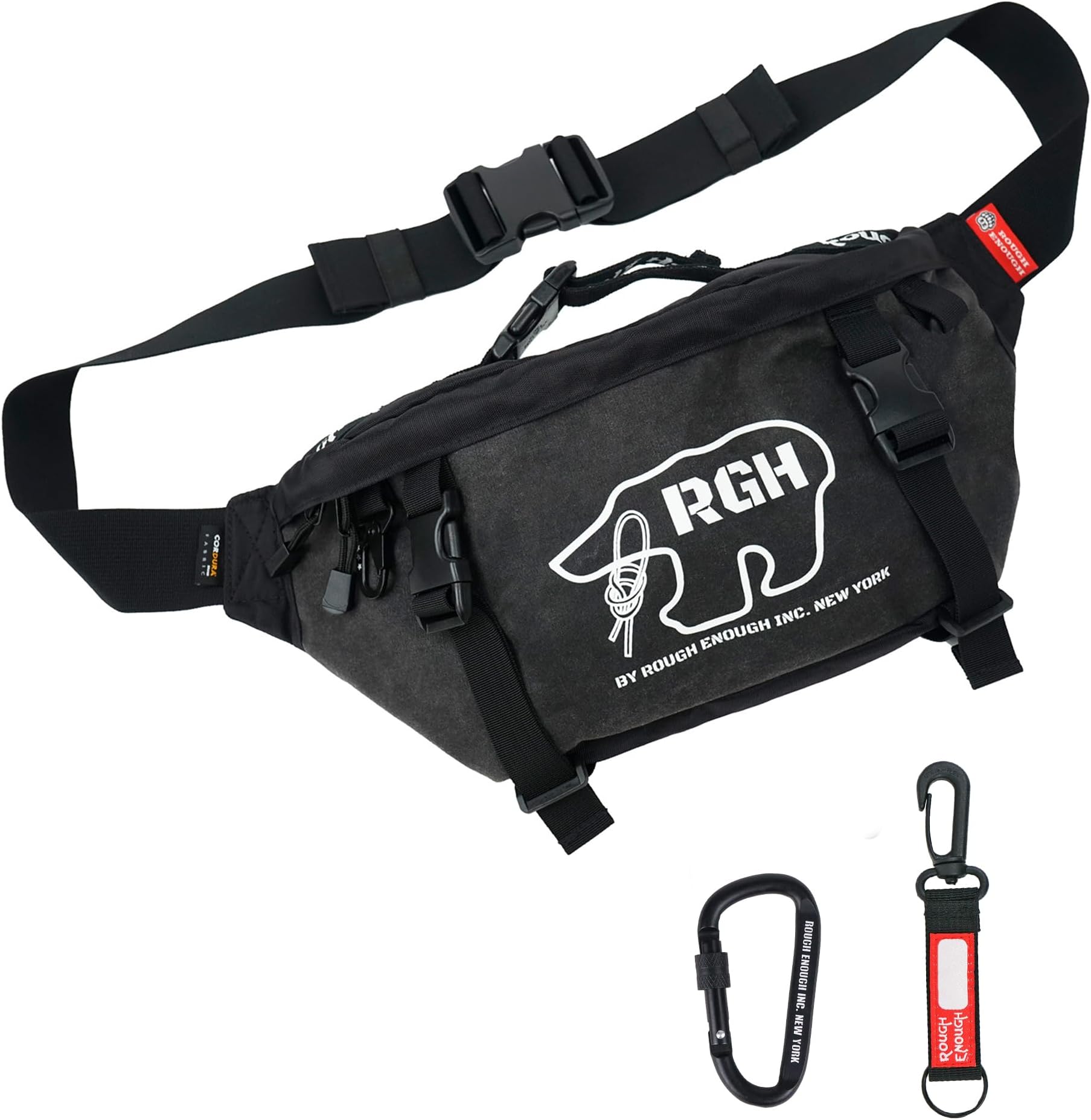 Rough Enough Tactical Fanny Pack for Men, Waxed Canvas, YKK Zipper, UTX Buckles, 4L Capacity, Carabiner and Adjustable Strap, for Outdoor Adventure, Hiking, Fishing, Travel and EDC, Black