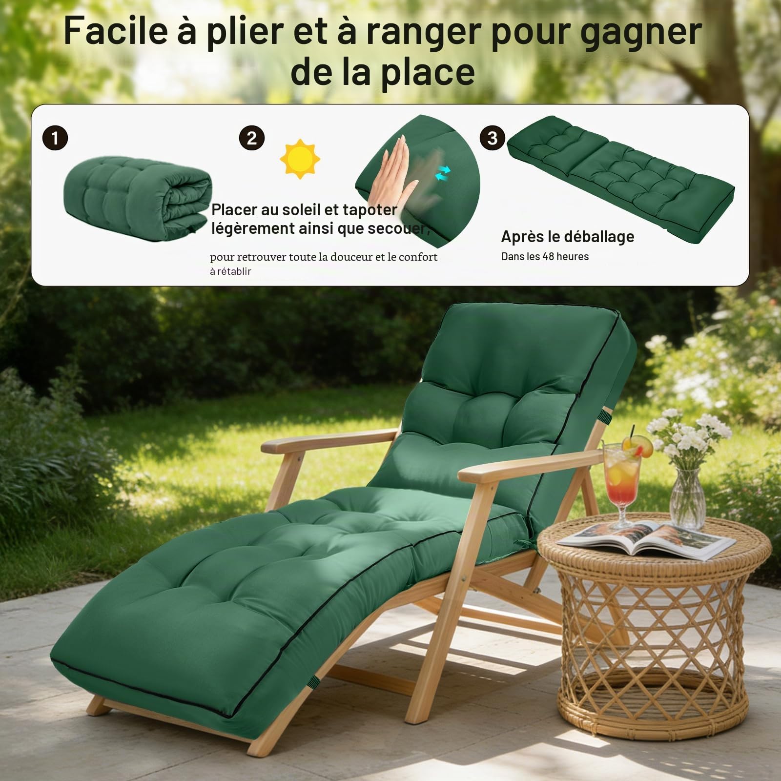 Coussin de Chaise Longue 200x55x8 cm, Coussin de Jardin Hydrofuge Mise en Place Facile – Assise Rembourrée en Mousse déchiquetée pour Transat Extérieur, Résistant UV