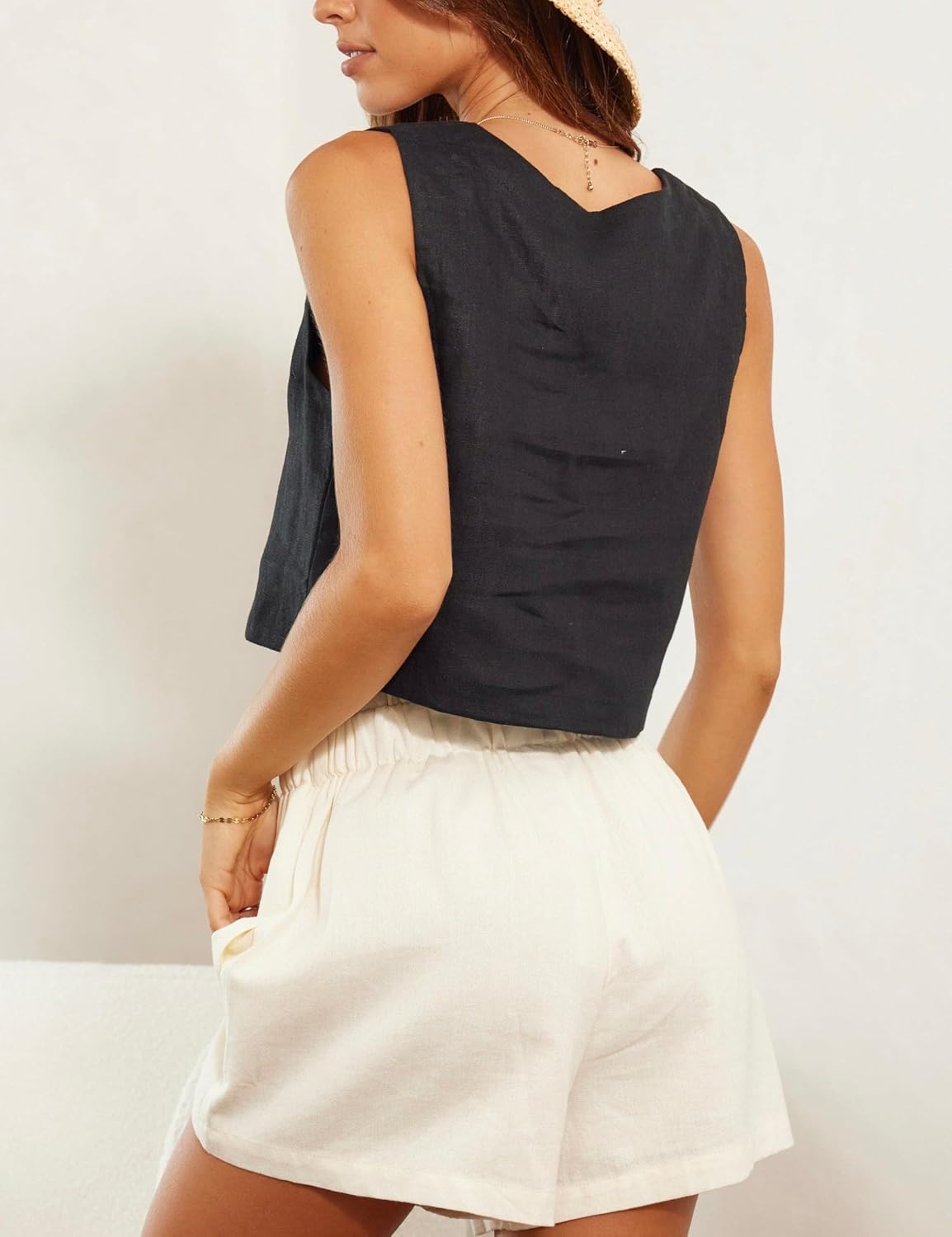IDEALSANXUN Womens Linen Crop Tank Tops Cute Summer Sleeveless Cropped Cotton Linen Tops - Image 4