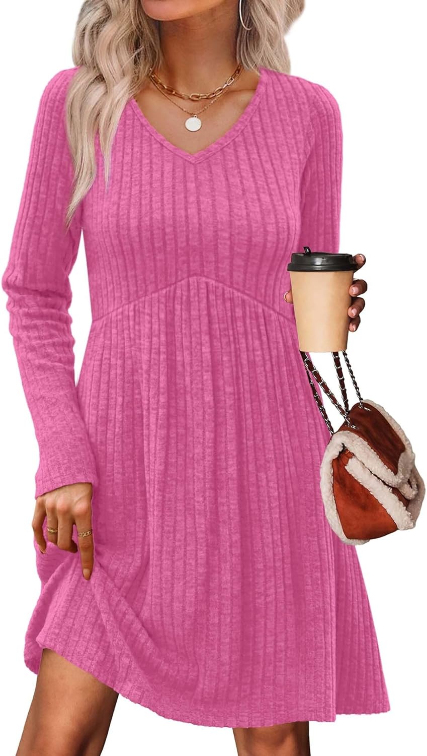 OFEEFAN Long Sleeve Sweater Dress Fall Dresses 2025 V Neck Empire Waist Baby Doll Dresses Women Casual Dress with Pockets