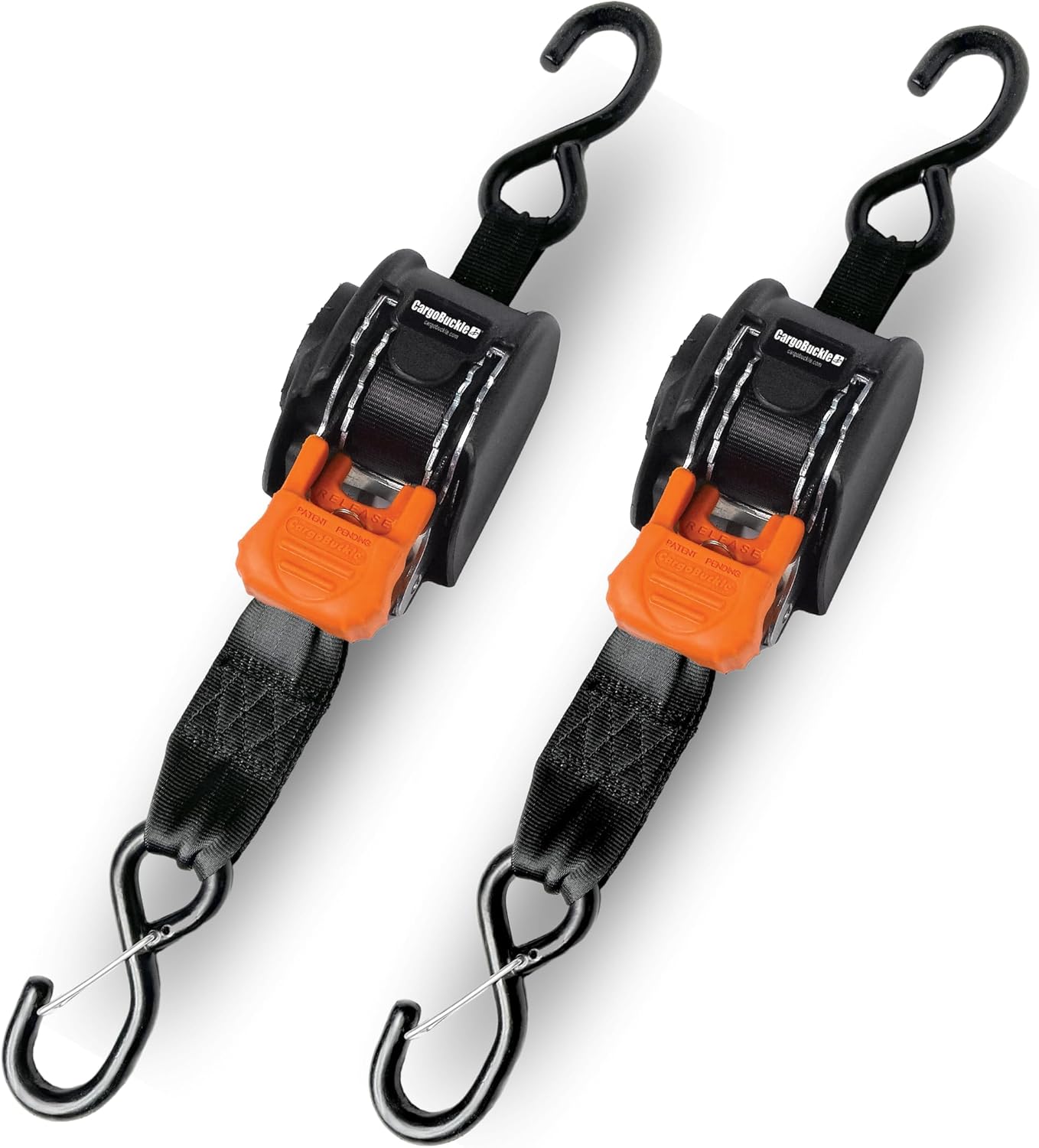 CargoBuckle Mini G3 Retractable Ratchet Straps with Dual S-Hooks, 1400 lbs Break Strength, 1-Inch Width X 6 ft Reach and F13454BK Soft Loop Hook Converter for Tie-Downs, (2-Pack)