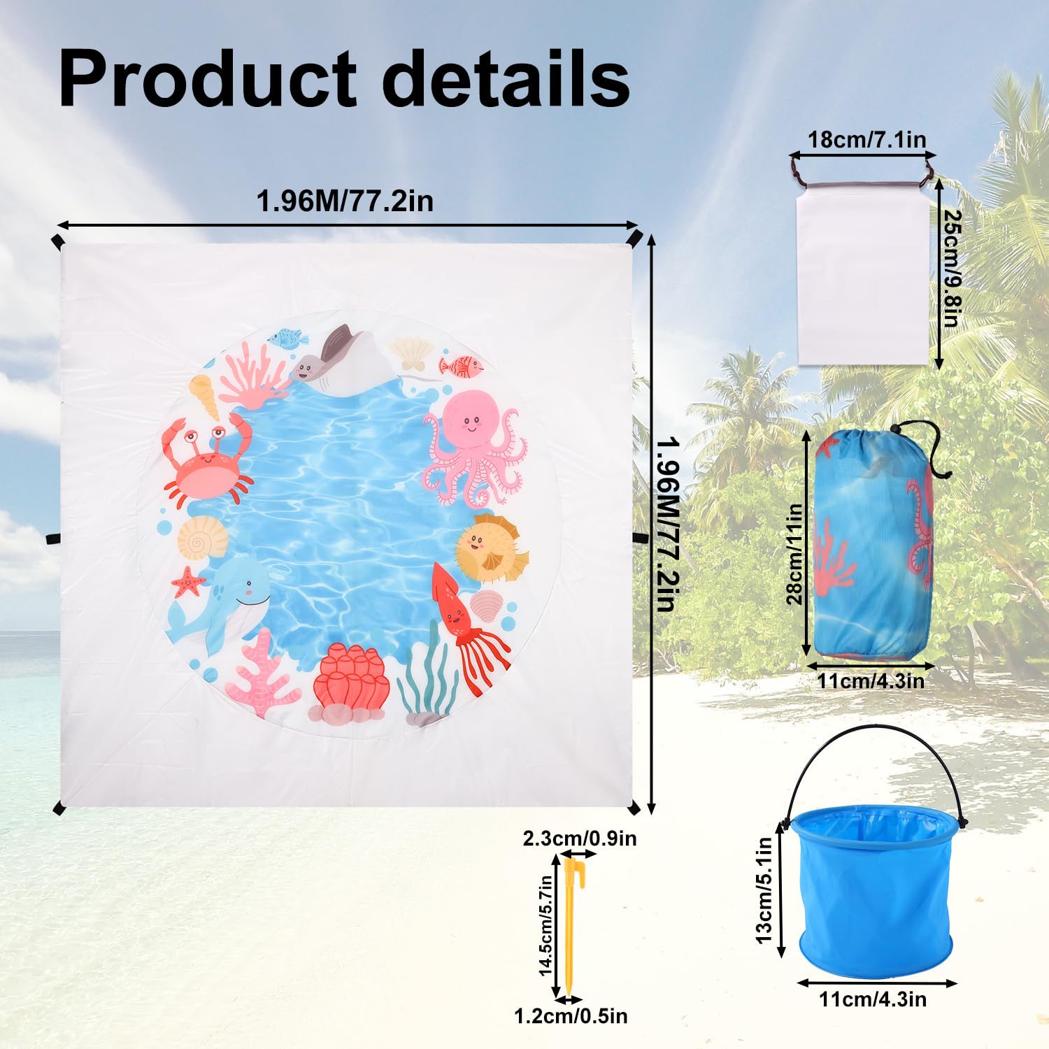 Baby Beach Pool, Polyester Portable Cartoon Ocean Themed Toddler Beach Puddle Paddling Pool with PVC Bucket Practical Accessories for Kiddies Infant Boys Girls - Image 2