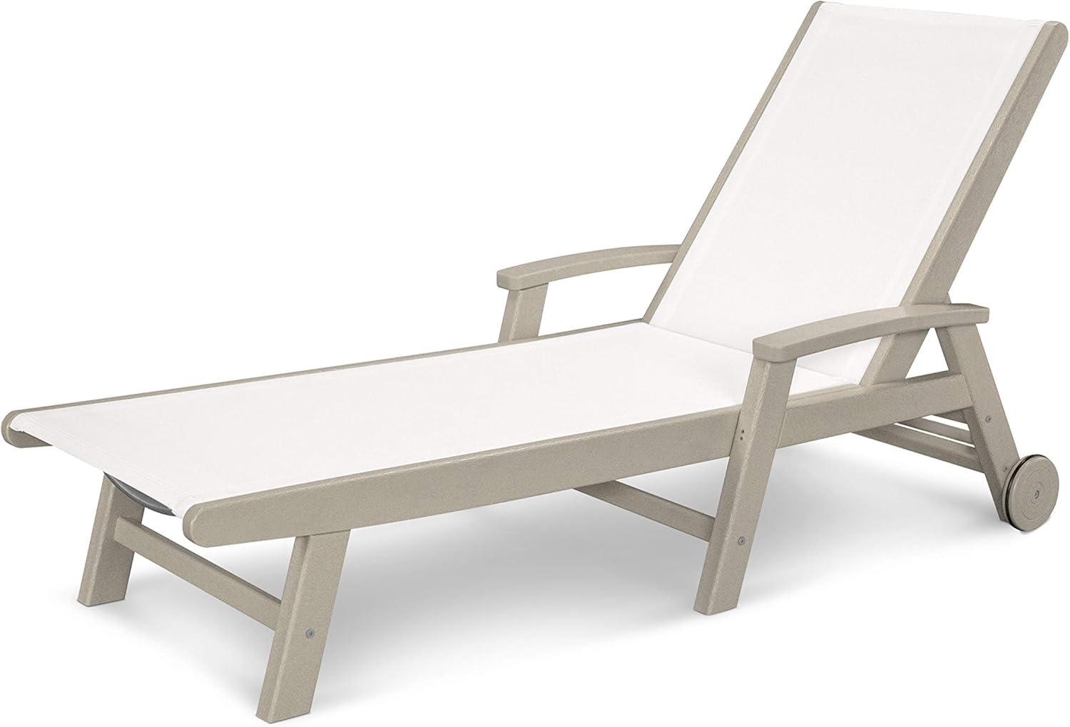 Polywood Coastal Chaise Lounge Sand/White - HDPE Outdoor Pool Lounge Chair - Adjustable Backrest Poolside Patio Furniture - Reclining Sun Lounger