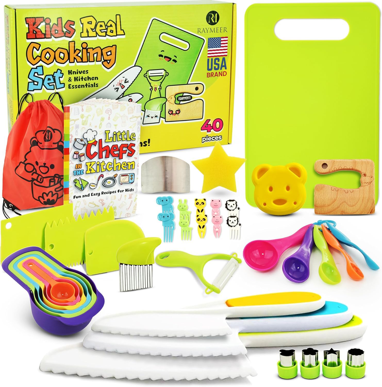 40Pcs Kids Knife set for Real Cooking - Montessori Kitchen Tools for Toddlers - Safe Kitchen Tools and Accessories with Recipes Book, Cutting Board and Knife set - Kids Knives and Cooking Utensils Kit