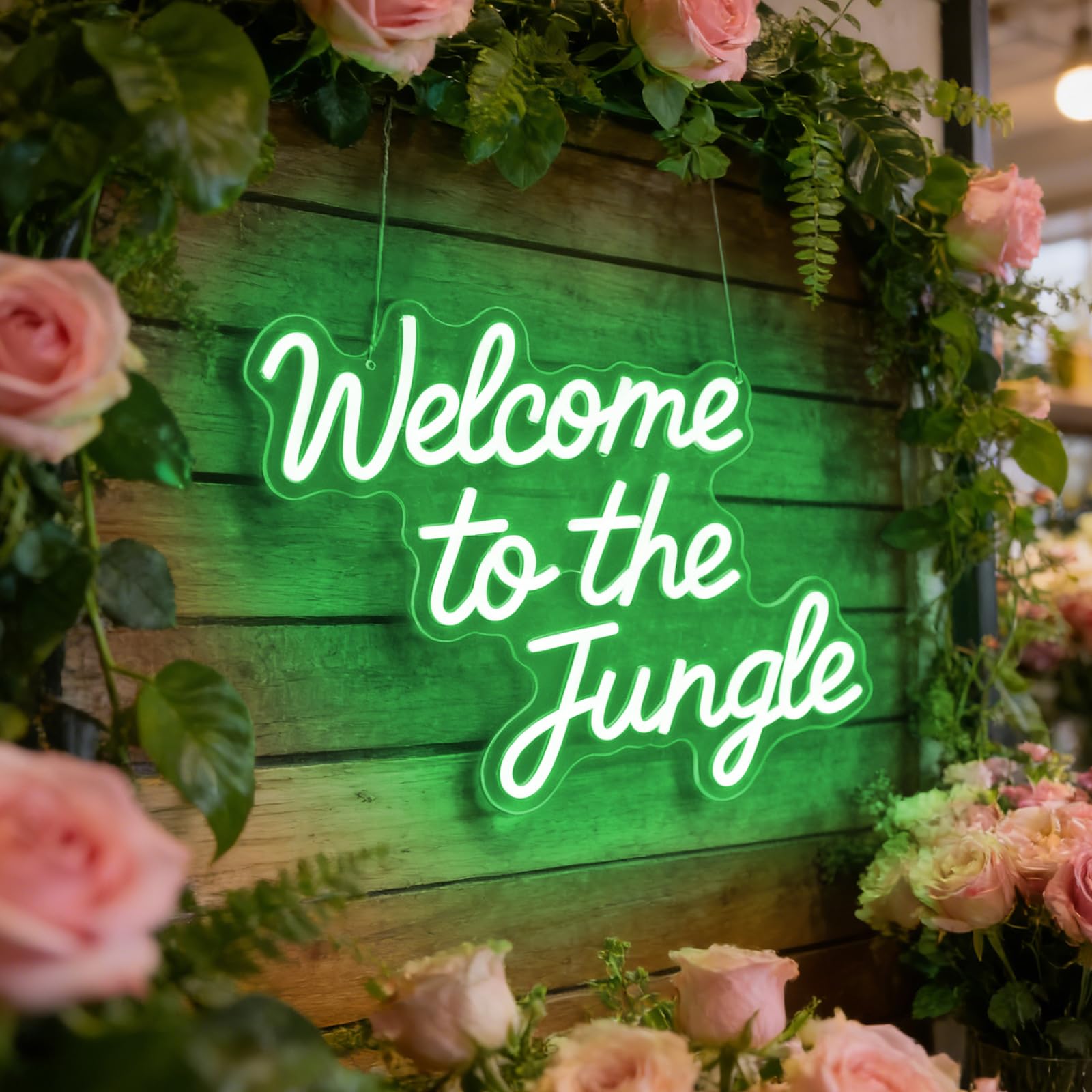 Letrero de neón con texto en inglés "Welcome to the Jungle" para decoración de la selva, luces LED verdes regulables para fiesta de selva, aula, guardería, entrada del hogar, habitación