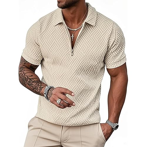 UOUA Men's Zipper Polo Shirts Short Sleeve Sweatshirts Soild Color Tops Striped Texture Casual Golf T
