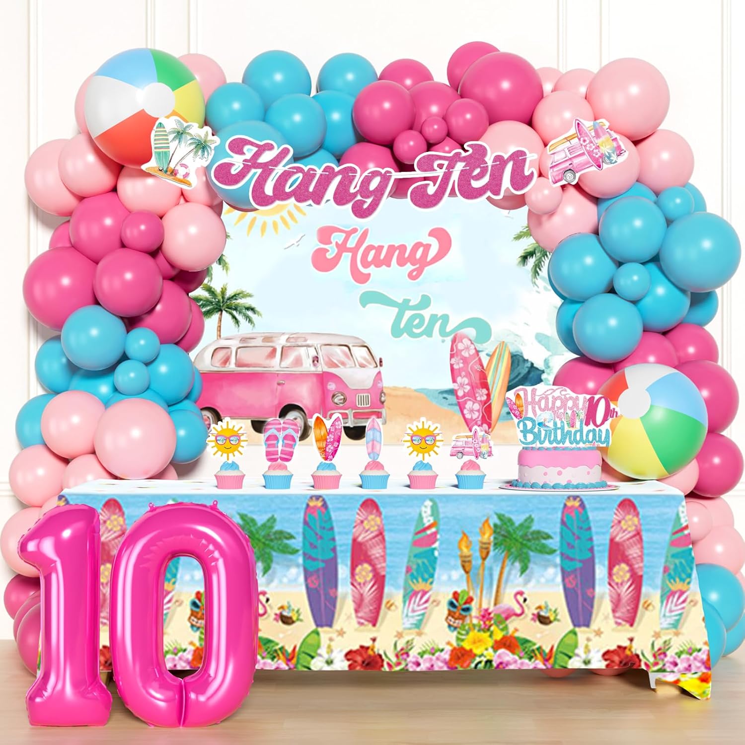 Hang Ten Surfing Birthday Decorations – 99 PCs Pink Blue Balloon Arch Backdrop Tablecloth Cake Topper for 10 Year Old Girl Summer Pool Party