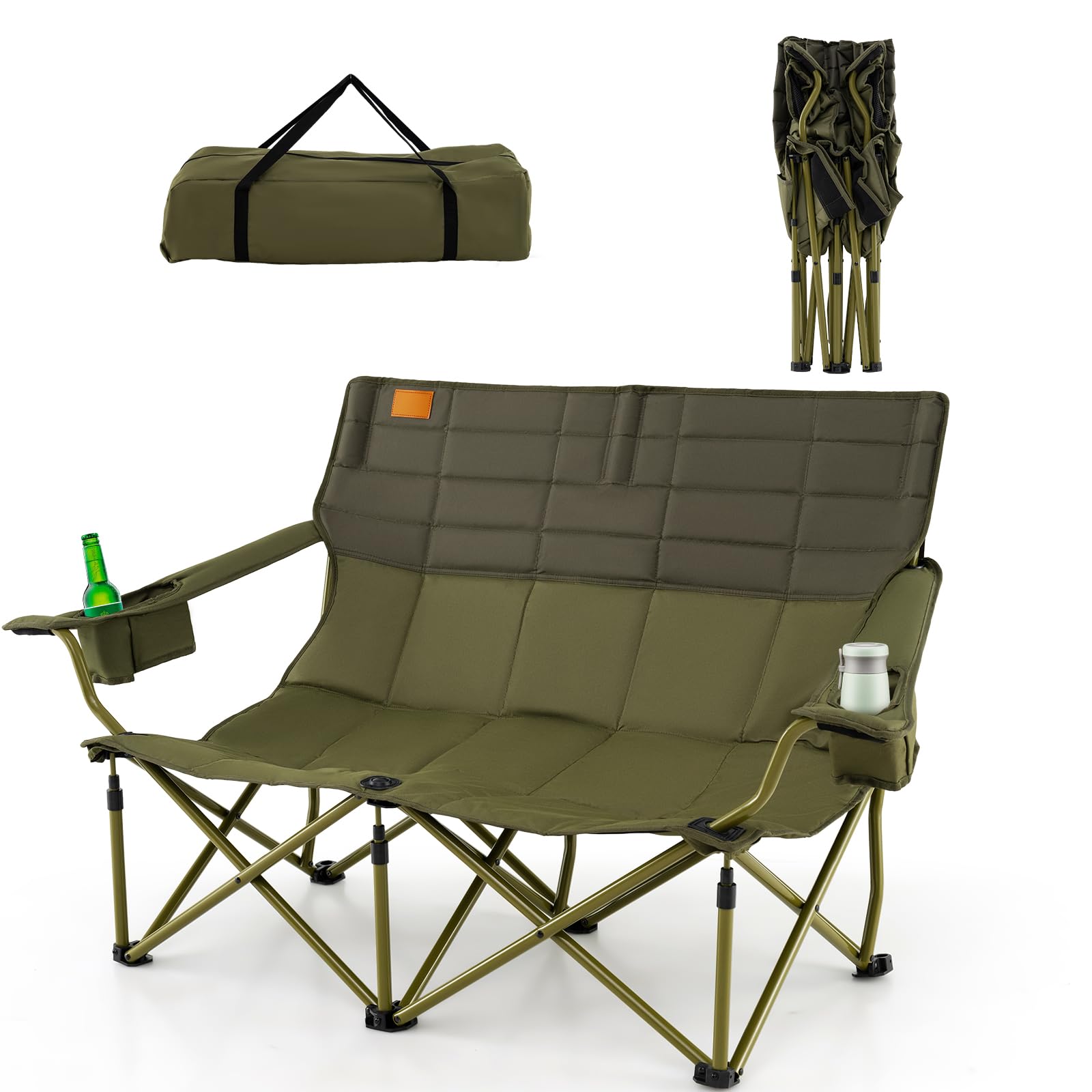 KOMFOTTEU Sedia da Campeggio Pieghevole con Braccioli Regolabili, Sedia da Esterno Portatile con Borsa di Trasporto e Porta Bicchieri, Poltrona per 2/3 Persone, per Pesca, Giardino (Modello II-Verde)
