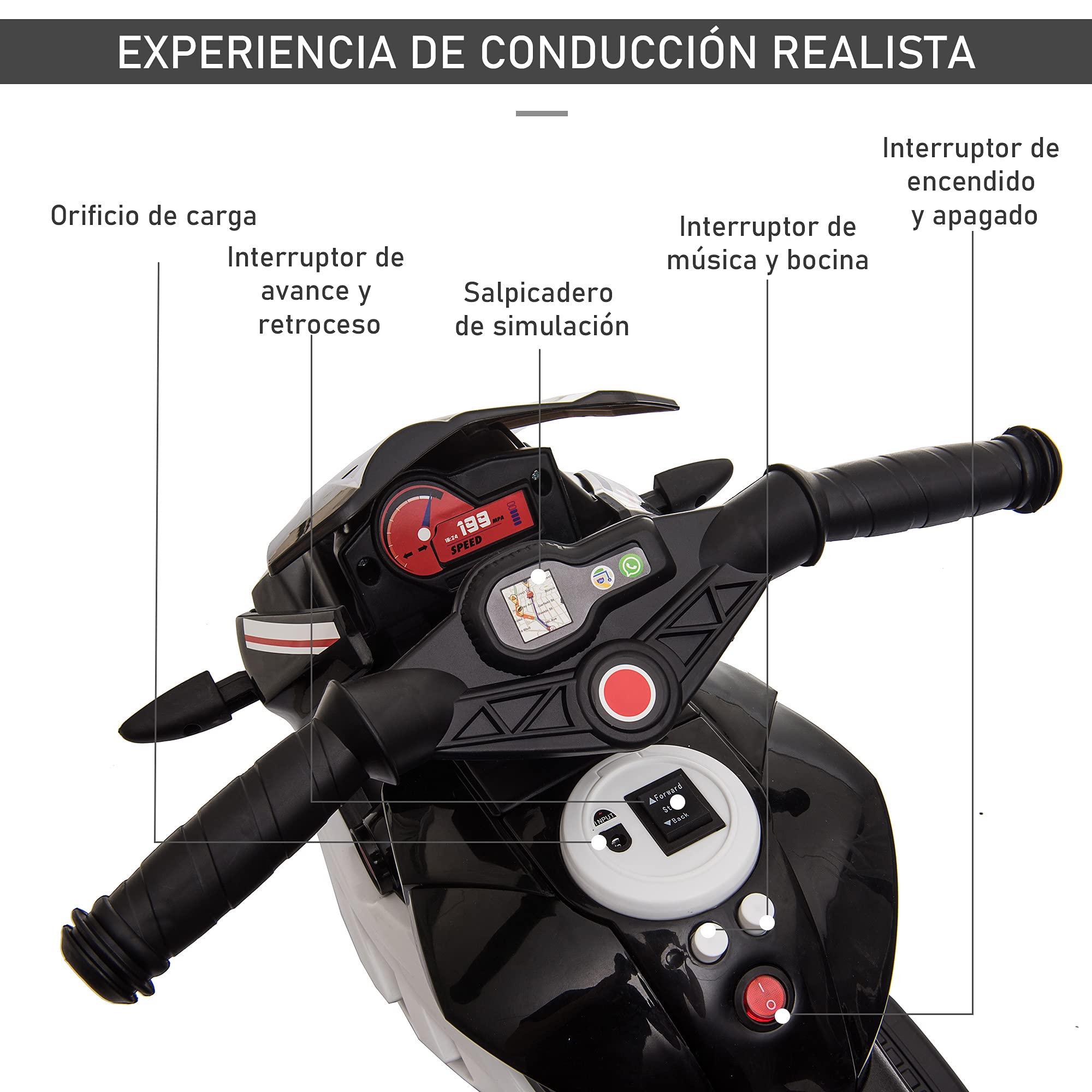 HOMCOM Moto Eléctrica Infantil con 3 Ruedas Trimoto para Niños de +3 Años con Batería 6V Recargable Funciones de Música Bocina Faros 86x42x52 cm Negro y Blanco