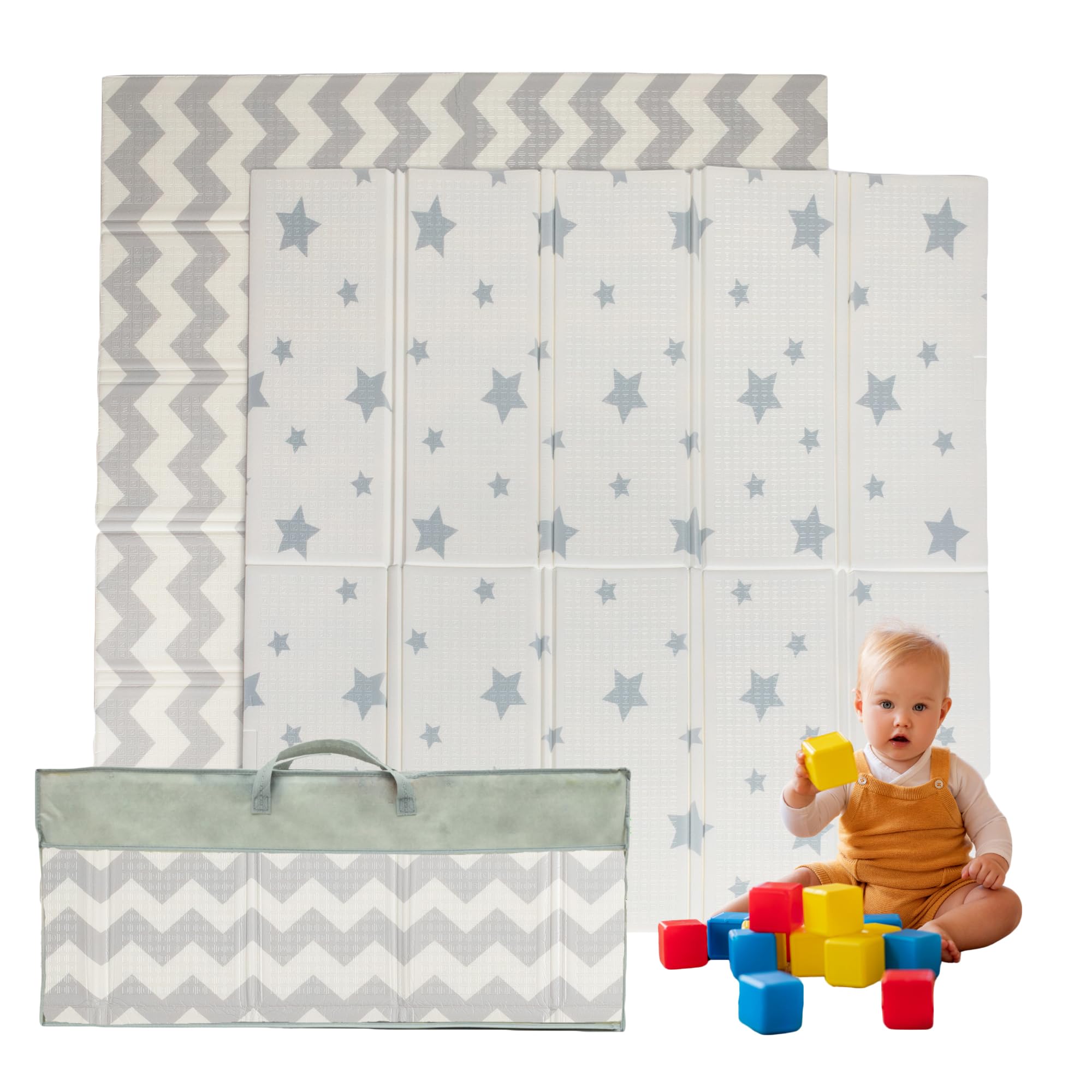 Alfombra de juegos para bebés, plegable, sensorial, impermeable, no tóxica, reversible. Alfombra versátil, perfecta para gatear de forma segura. (Stars and Geometry, 180cm x 200cm x 1.5cm thick)