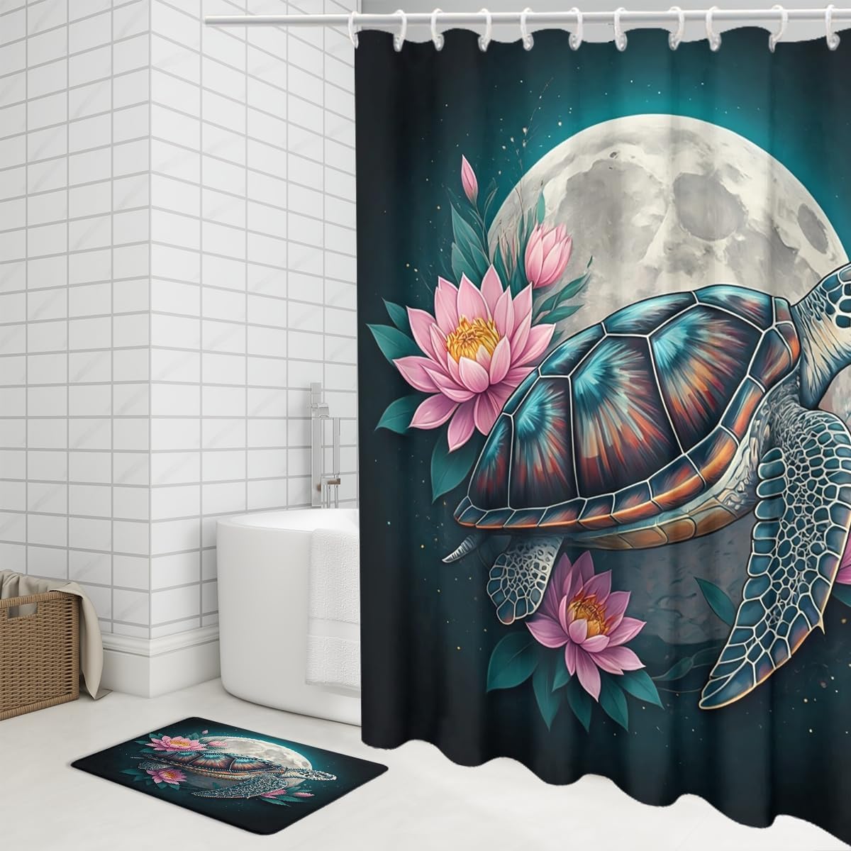 Watercolor Japanese Sea Turtle 4 Pcs Shower Curtain Sets,Rustic Underwater Animals Sea Turtles Full Moon Lotus Non-Slip Rugs,Toilet Lid Cover Bath Mat,Durable and Waterproof,for Bathroom