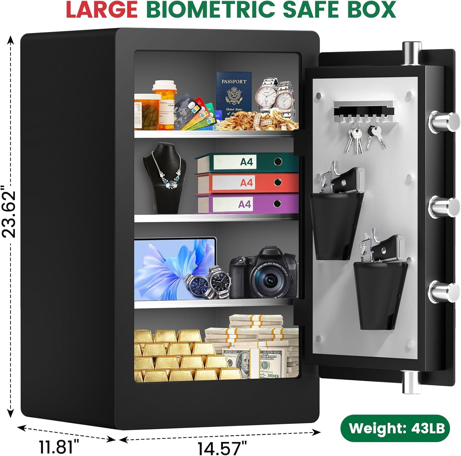 Caja fuerte biométrica de 67 litros con bolsa impermeable ignífuga, caja fuerte para el hogar con teclado digital, llaves de repuesto y alarma inteligente, caja fuerte para dinero para casa, oficina