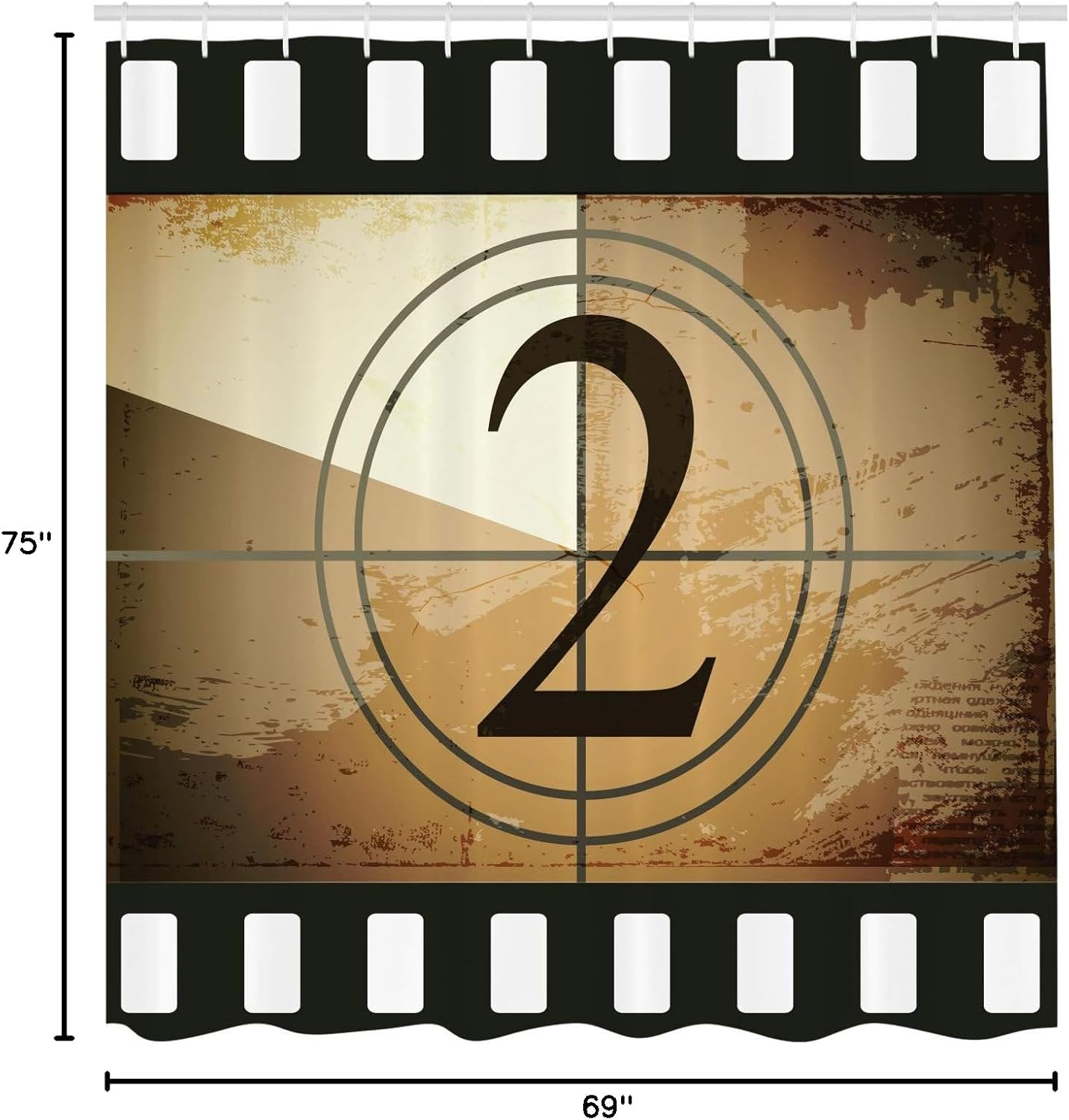 Ambesonne Movie Theater Shower Curtain, Countdown Screen Illustration with Number 2 on Grunge Background, Cloth Fabric Bathroom Decor Set with Hooks, 69" W x 75" L, Pale Brown Black White