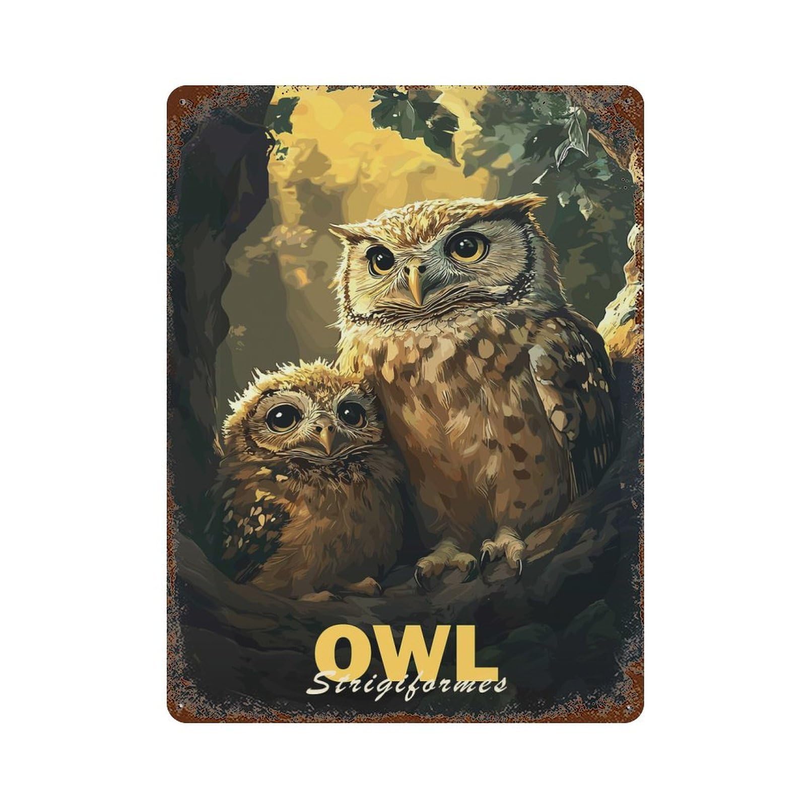 Owl Family Portrait Decorative Tin Sign 15.7"x11.8", Retro Wall Decor for Living Room, Hallway And Home Decor