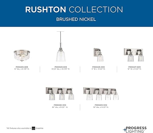 Miniatura 12 de Progress Lighting Rushton Collection - Lámpara de tocador de baño de cristal transparente con 3 luces, níquel cepillado