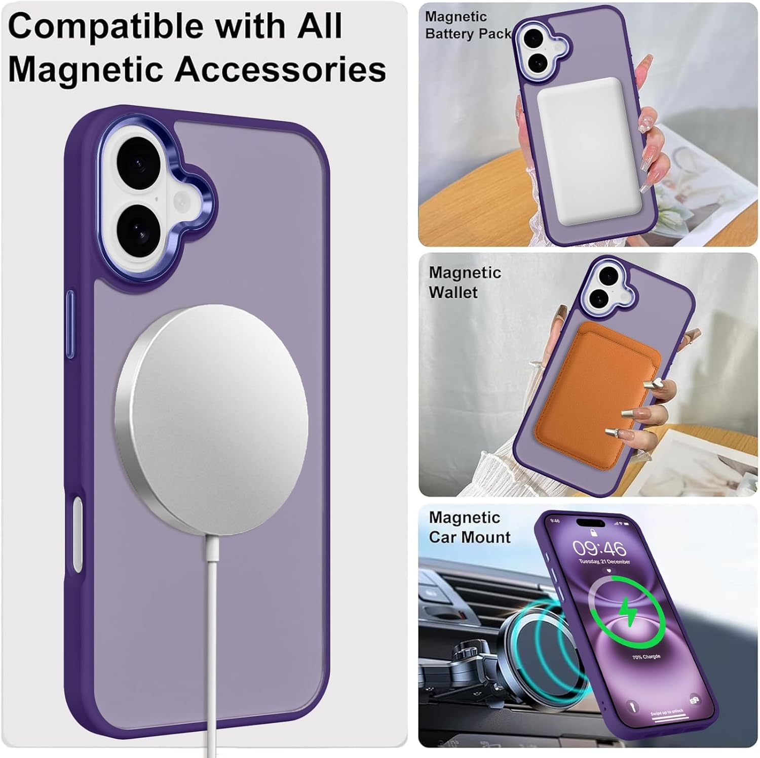 ZIYE Dark Purple Case for iPhone 16 Case with Stand [Compatible with MagSafe] Slim Heavy Duty Protection Military Grade Shockproof Magnetic Cover with 360 Rotatable Ring Kickstand for Women Men