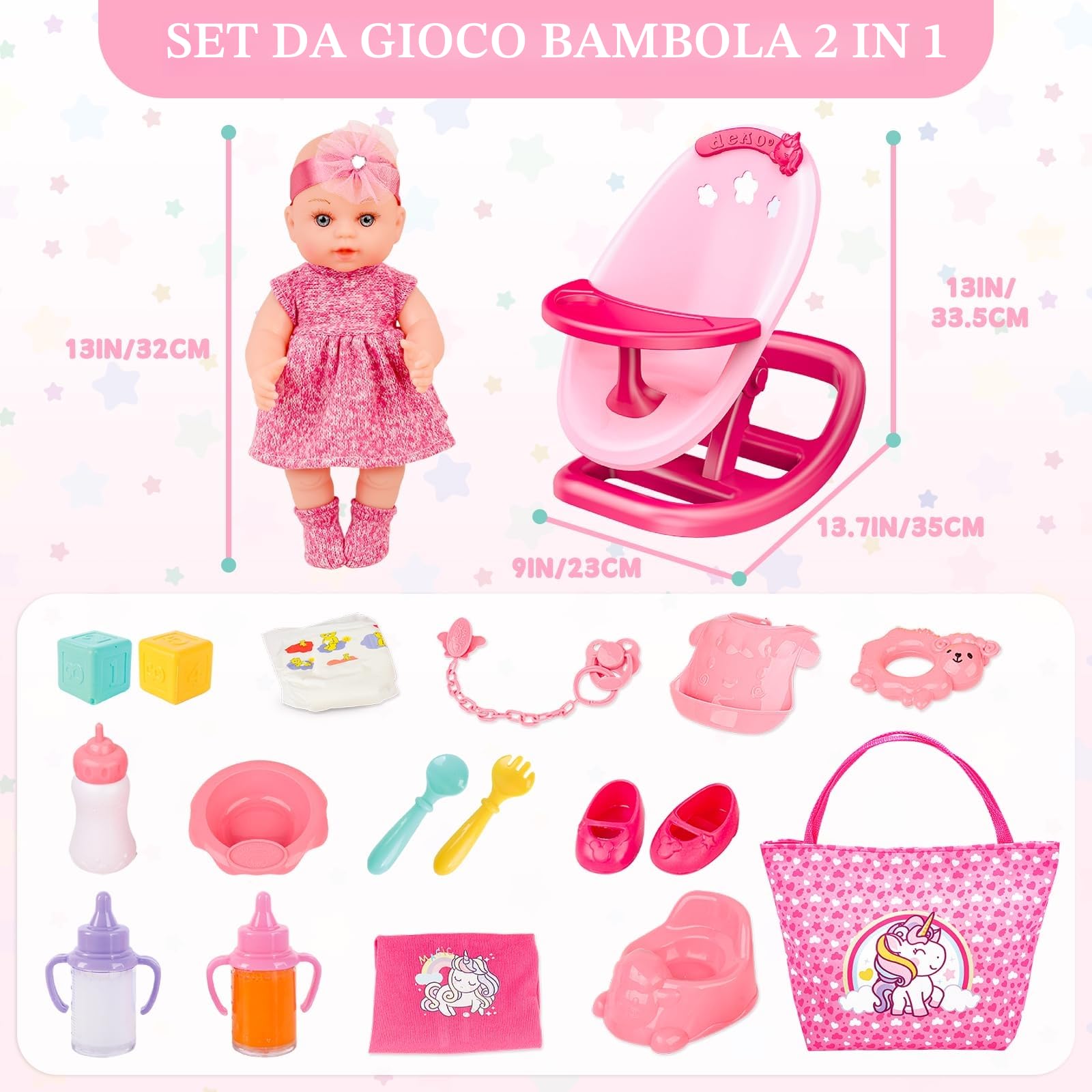 deAO Accessori per Bambolotti Bambole, 12" Bambola Bebè Set Giocattolo Include 2-in-1 Lettino Bambola, Bambole e Biberon, Ciuccio, Pannolini, Pappa e Cura, New Born Baby Dolls per Bambini 3+ Anni