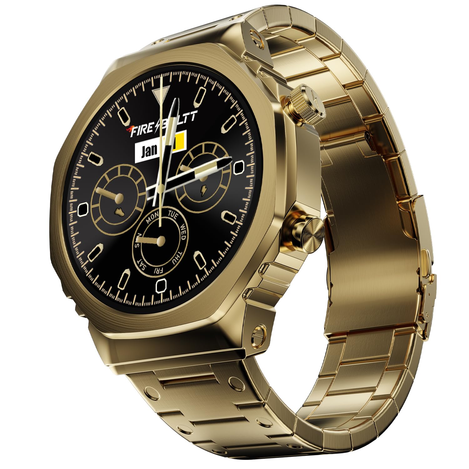 Fire-Boltt Onyx- 36.3mm AMOLED Always On Display Smart Watch, 466 * 466 High Resolution, Bluetooth Calling, Steel Design, IP67, 4GB Storage, 300+ Sports Modes, 130+ Watch Faces (Gold)