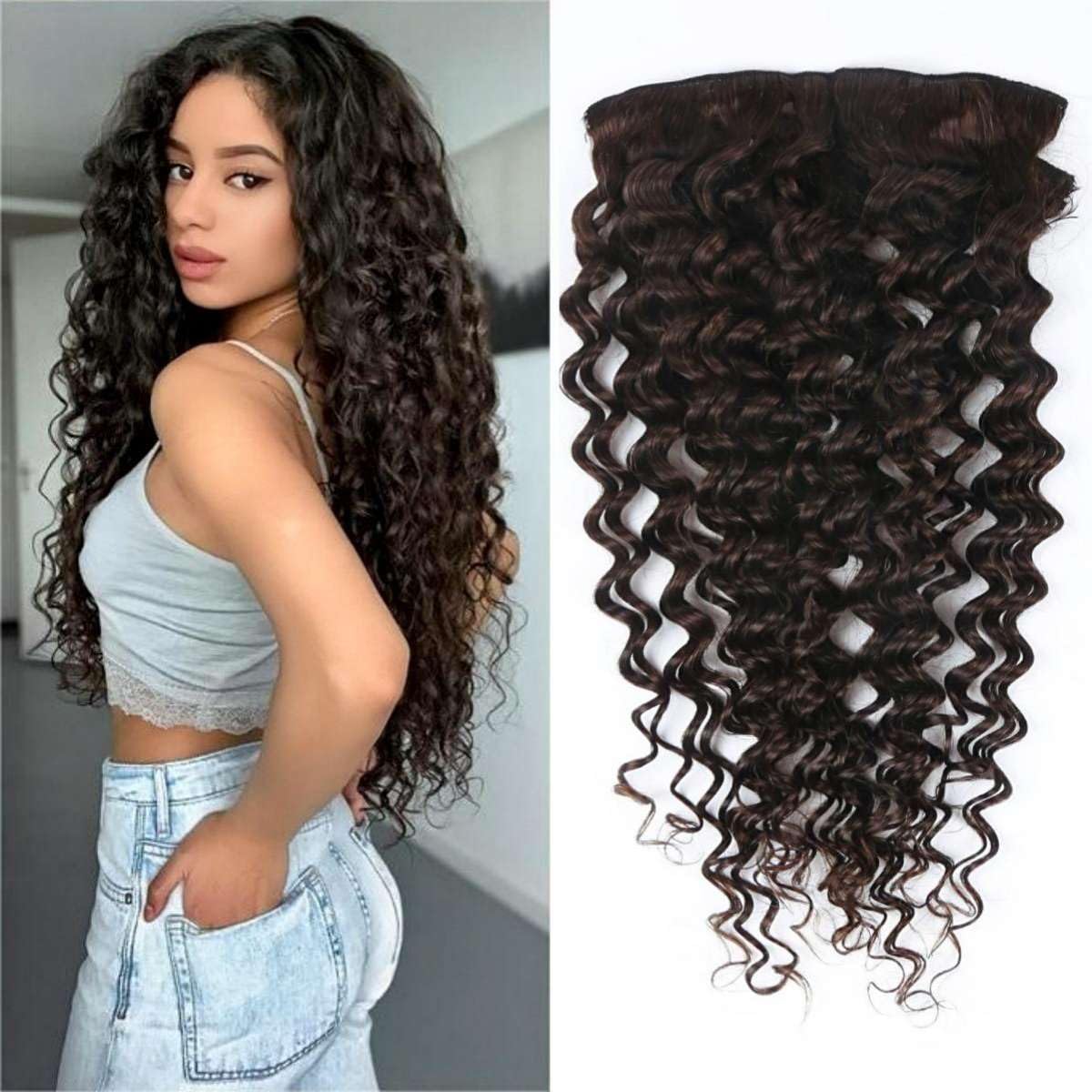 Deep Curly Clip in Extensions Echthaar，60cm 24 Zoll 8PCS 120g #2 Braun Haarverlängerung für Frauen Water Wave Remy Hair Extensions Clip in
