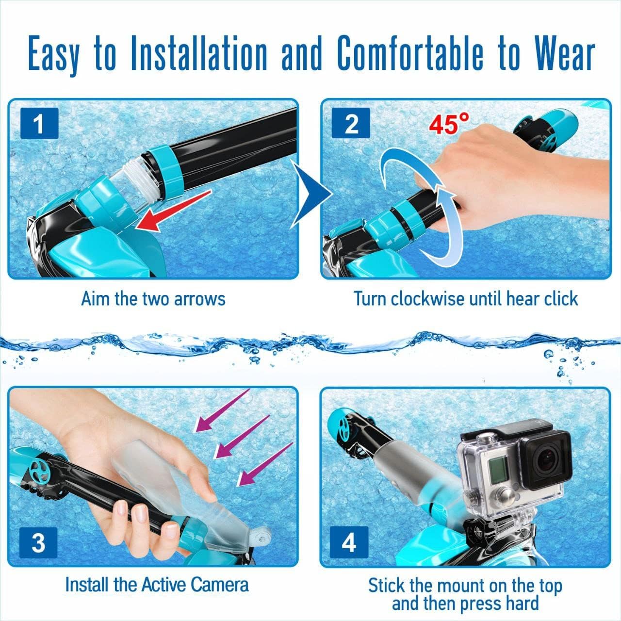 IClique Ocean LINE Full Face Snorkel Mask Flat - Diving Set 180 Panoramic Viewing + Waterproof Case Phone Earplugs - Action Camera Adapter Men Women