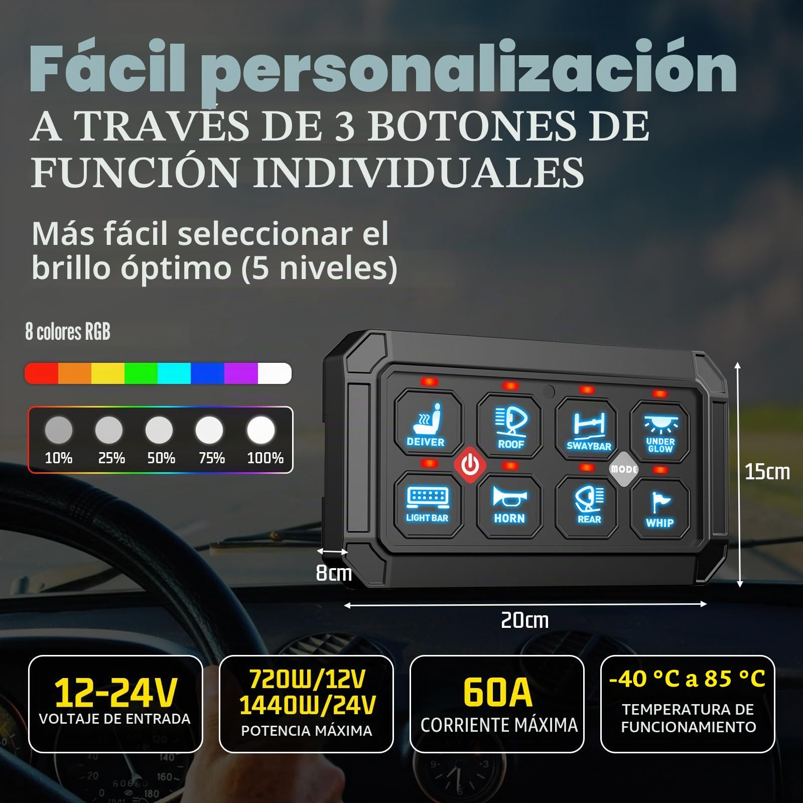 Panel de interruptor de 8 marchas, sistema de relé de circuito universal | conmutación inteligente y LED regulable, panel táctil RGB de siete colores para coche