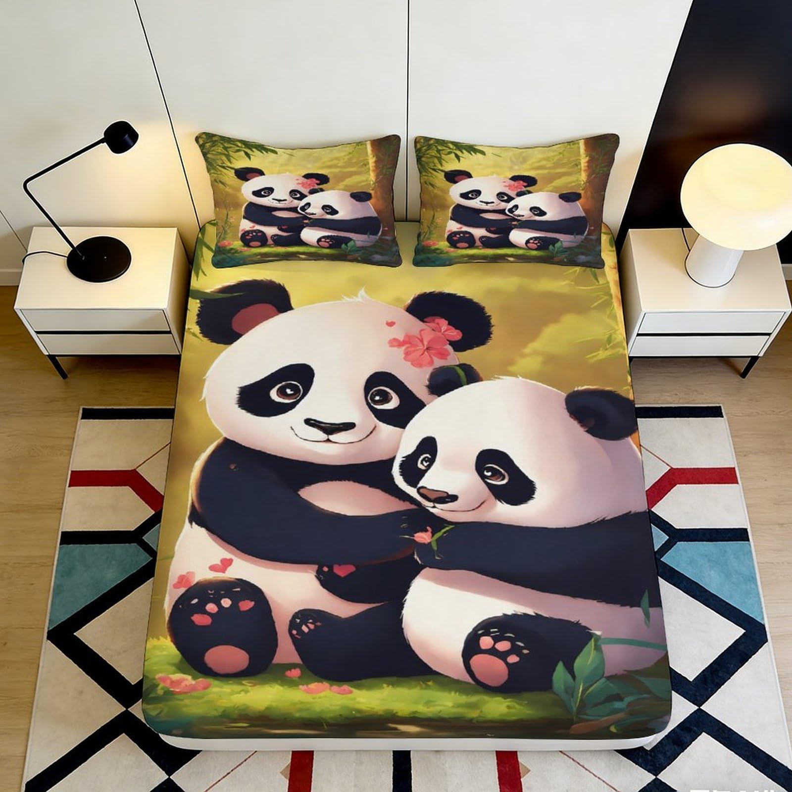3D Printed Cute Panda Fitted Sheet Microfiber Soft Breathable Cartoon Bear Bed Cover with Mattress Cover for Bedroom Dormitory Guest Room Decor 180x200x25cm