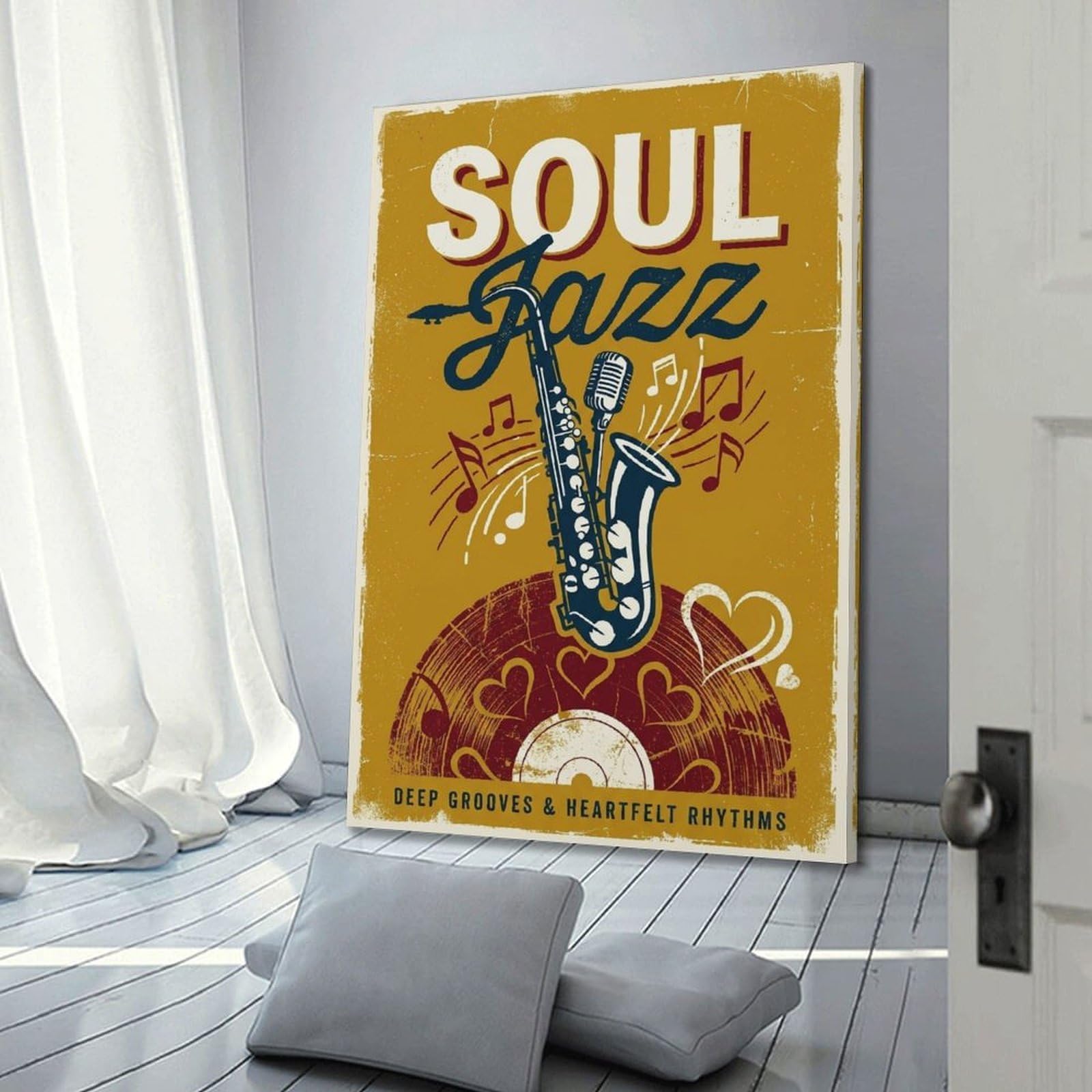 OKNGB Musikposter mit Saxophon und Vinyl-Schallplatten-Poster, Motiv: Soul, Jazz, Vintage-Stil, dekoratives Gemälde, Leinwand, Wandposter und Kunstdruck, moderne Familienschlafzimmer-Dekoration