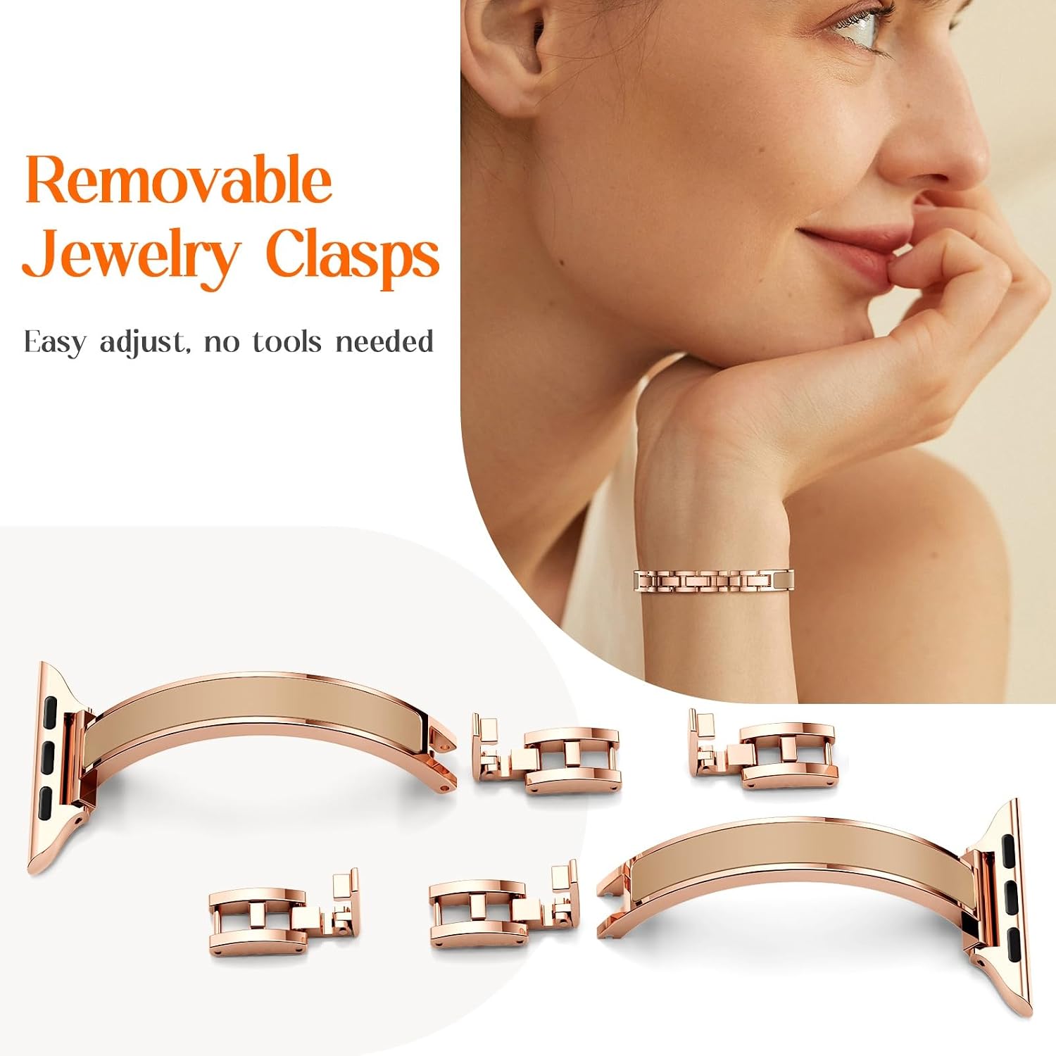 mosonio slim designer bracelet bands for apple watch women, elegant thin dressy metal band with embedded silicone accents compatible with apple watch ultra / series 11 10 9 8 7 6 5 4 se 3 2 1, easy-adjust link fancy strap for iwatch 49mm 46mm 45mm 44mm 42mm 41mm 40mm 38mm(sizes vary by model) rose gold + nude 38mm 40mm 41mm 42mm(series 11/10)