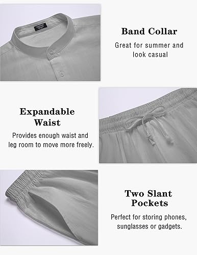 Miniatura 10 de COOFANDY Conjuntos de lino para hombre 2 piezas camisa con botones manga larga y casual para playa con cordón pantalones cortos de verano