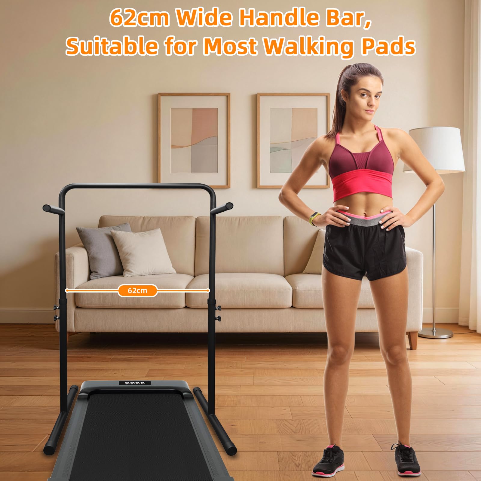 Lenker für Walking Pad Griffbügel, 62cm Breite Haltegriff für Gehunterlage Verstellbarer Griff für Gehpolster mit Handyhalterung und Getränkehalter