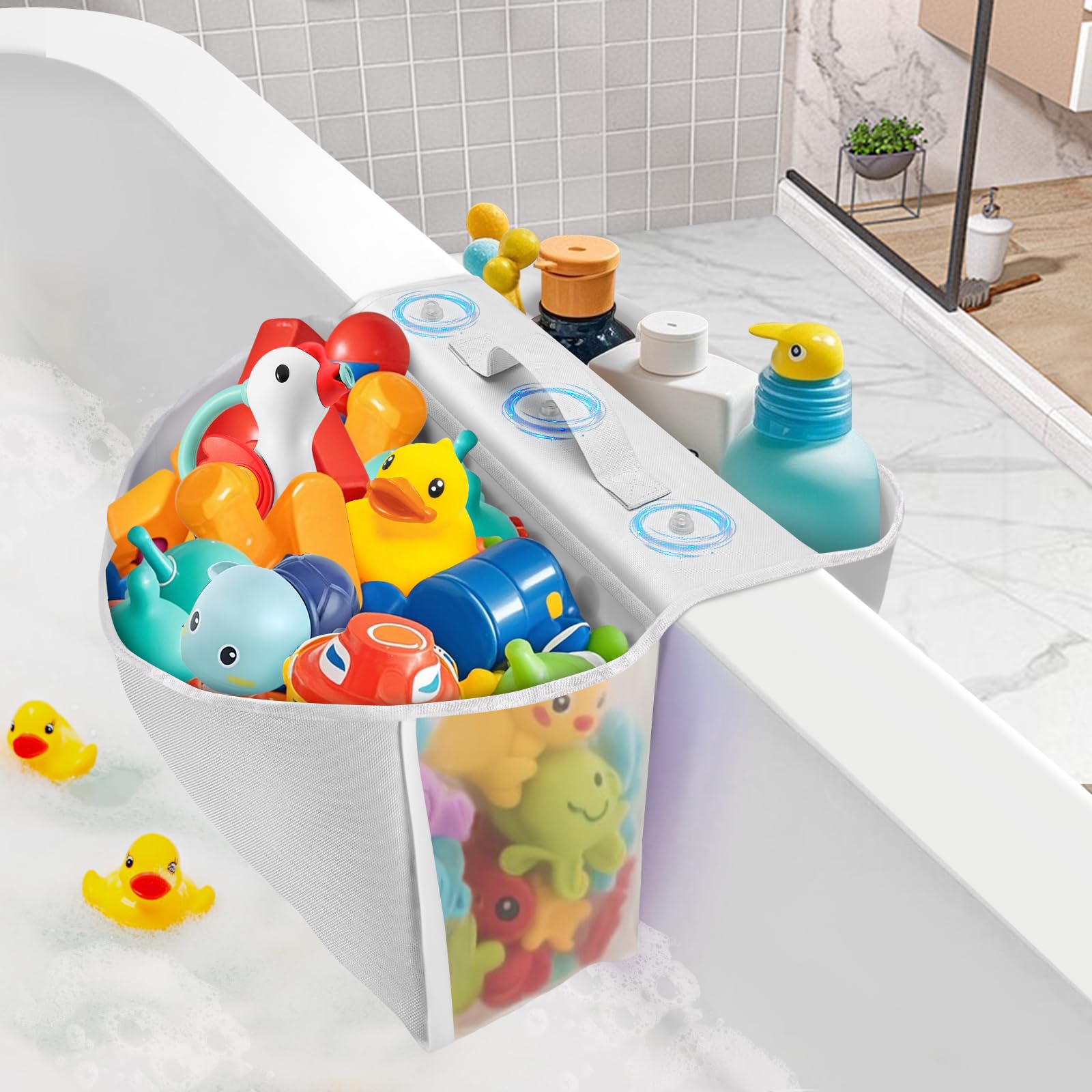 Saddle Shape Bath Toy Organizer with 2 Extra-Wide Compartments, Premium Mesh Bath Tub Toy Storage for Kids, Quick-Dry & Breathable Design, Quick-Access Bath Toy Holder for Drying Toys and Storage
