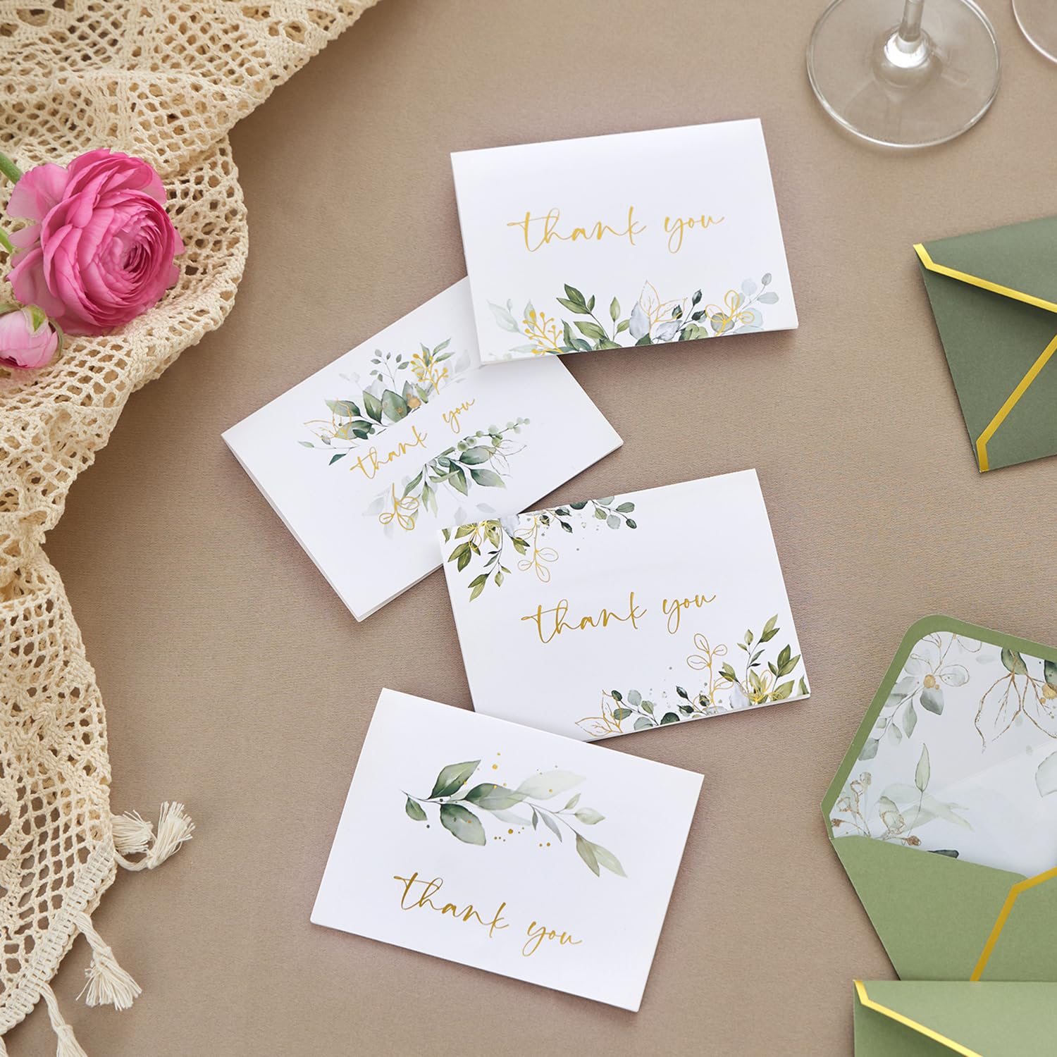 Thank You Card 100 Gold Foil Greenery S With Envelopes - Watercolor ...