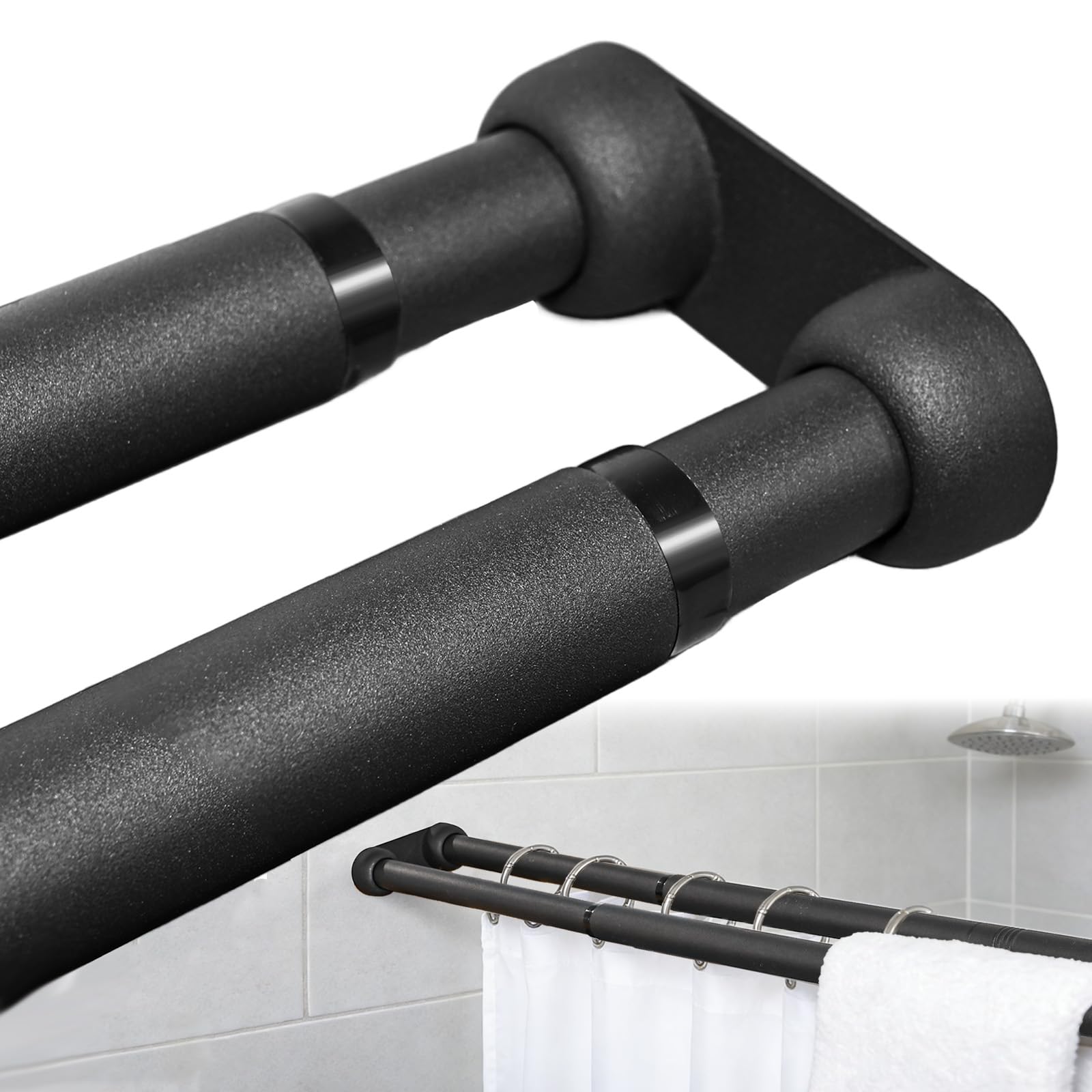Tringle de douche double murale réglable 68 à 228 cm, noire antirouille pour séparation zone sèche/humide, installation simple pour salle de bain