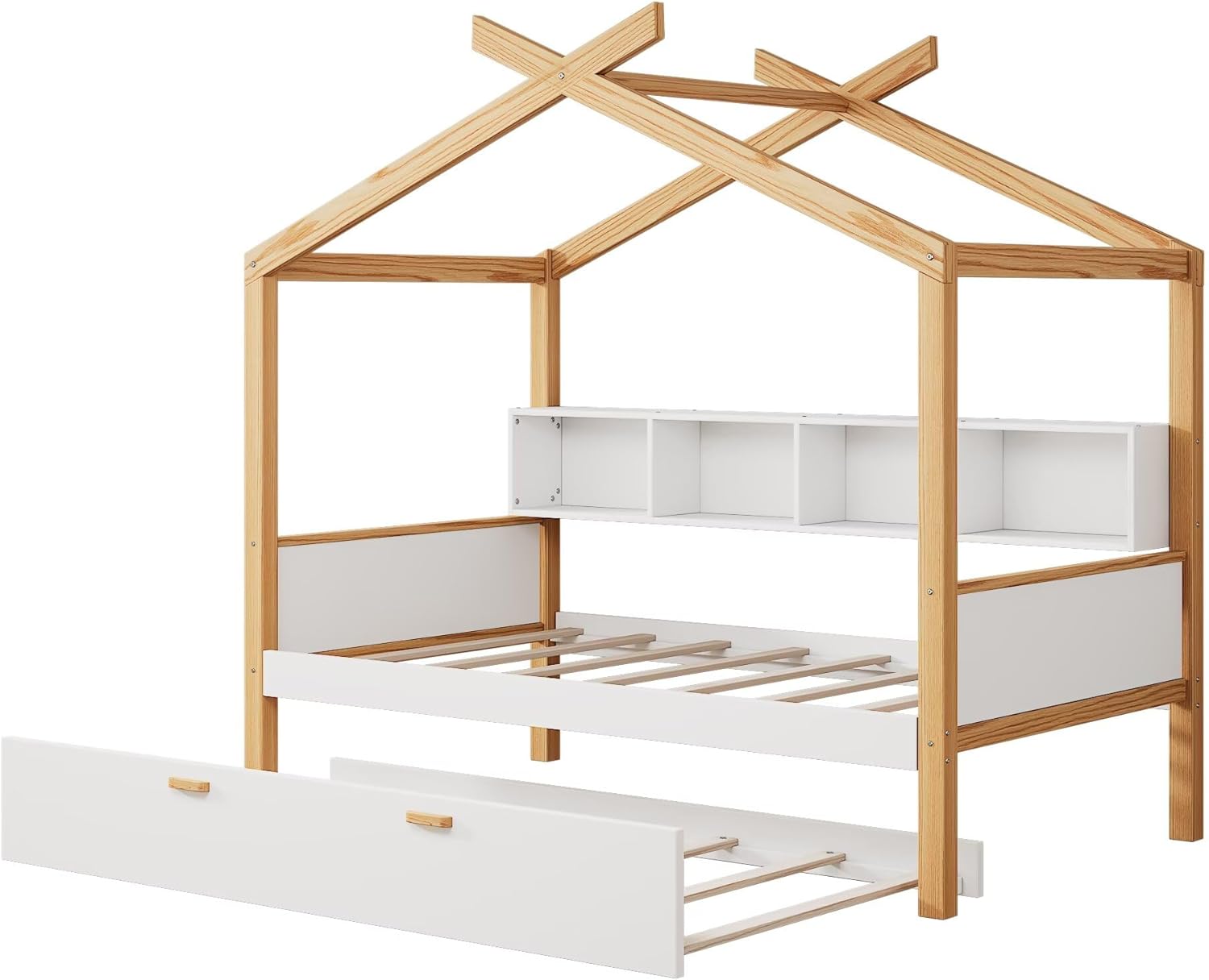 Twin Size Wooden House Bed with Twin Size Trundle and Bookshelf Storage Space, Original Wood Colored Frame with Roof and Slats Support for Kids Teens Girls Boys Bedroom (White+Trundle, Twin)