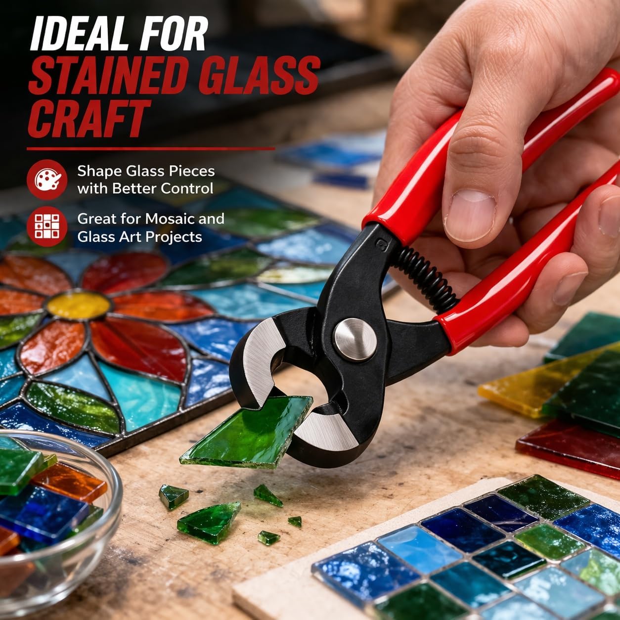8 Inch Heavy Duty Tile Nipper for Stained Glass and Mosaic, Red Handle Cutting Pliers for Shaping Ceramic, Craft Tool for DIY Art Projects (1pc)